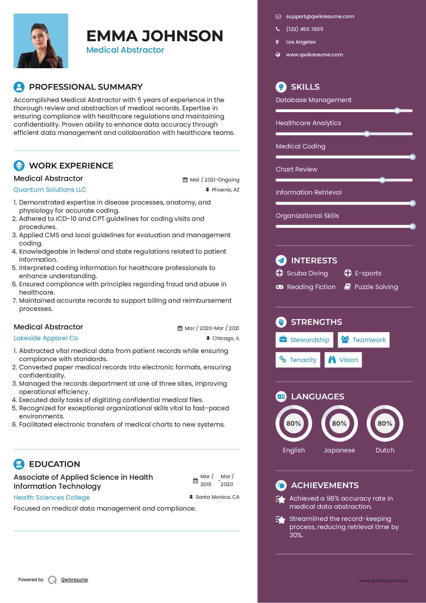 Medical Abstractor Resume Example