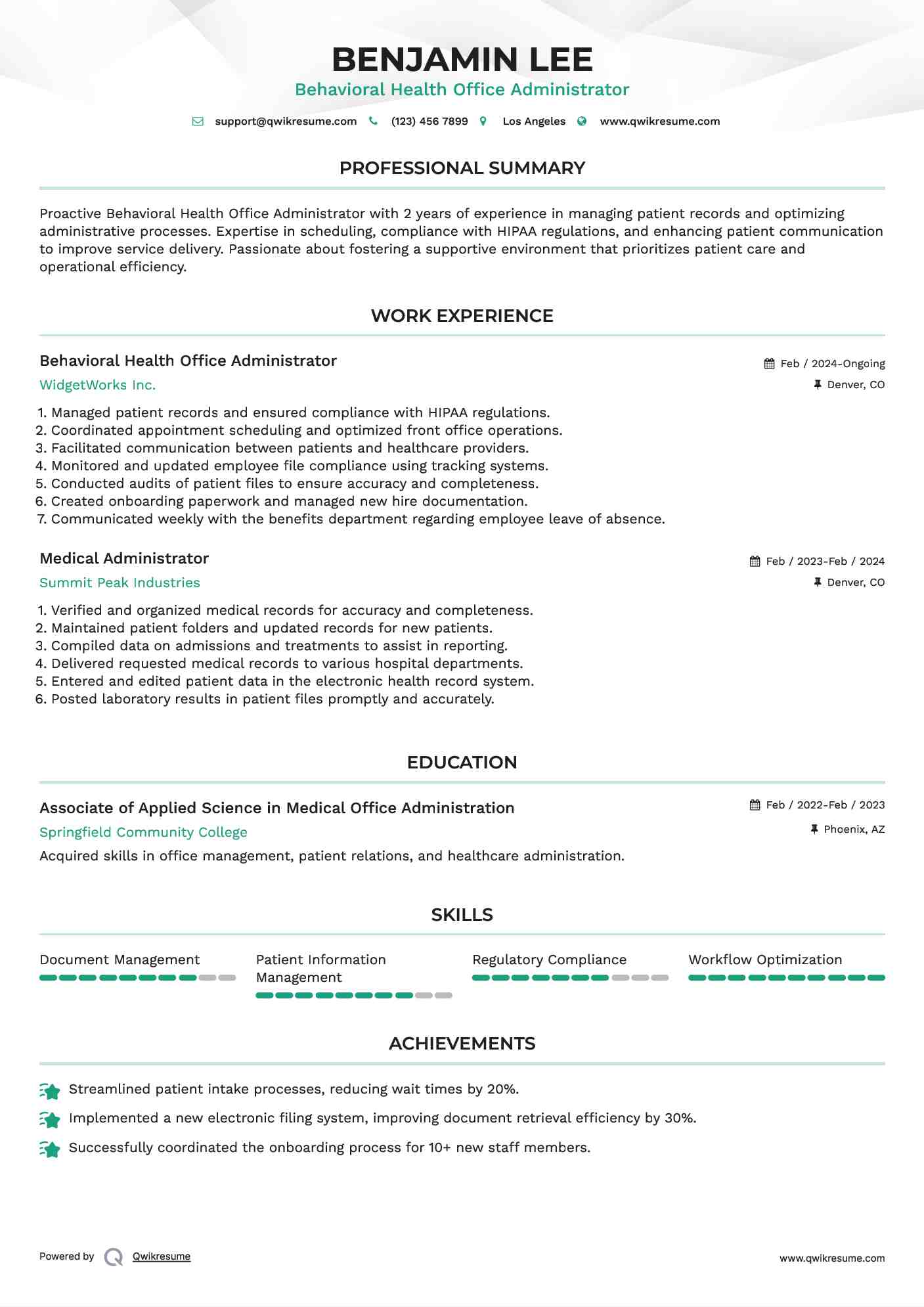 Behavioral Health Office Administrator Resume Template