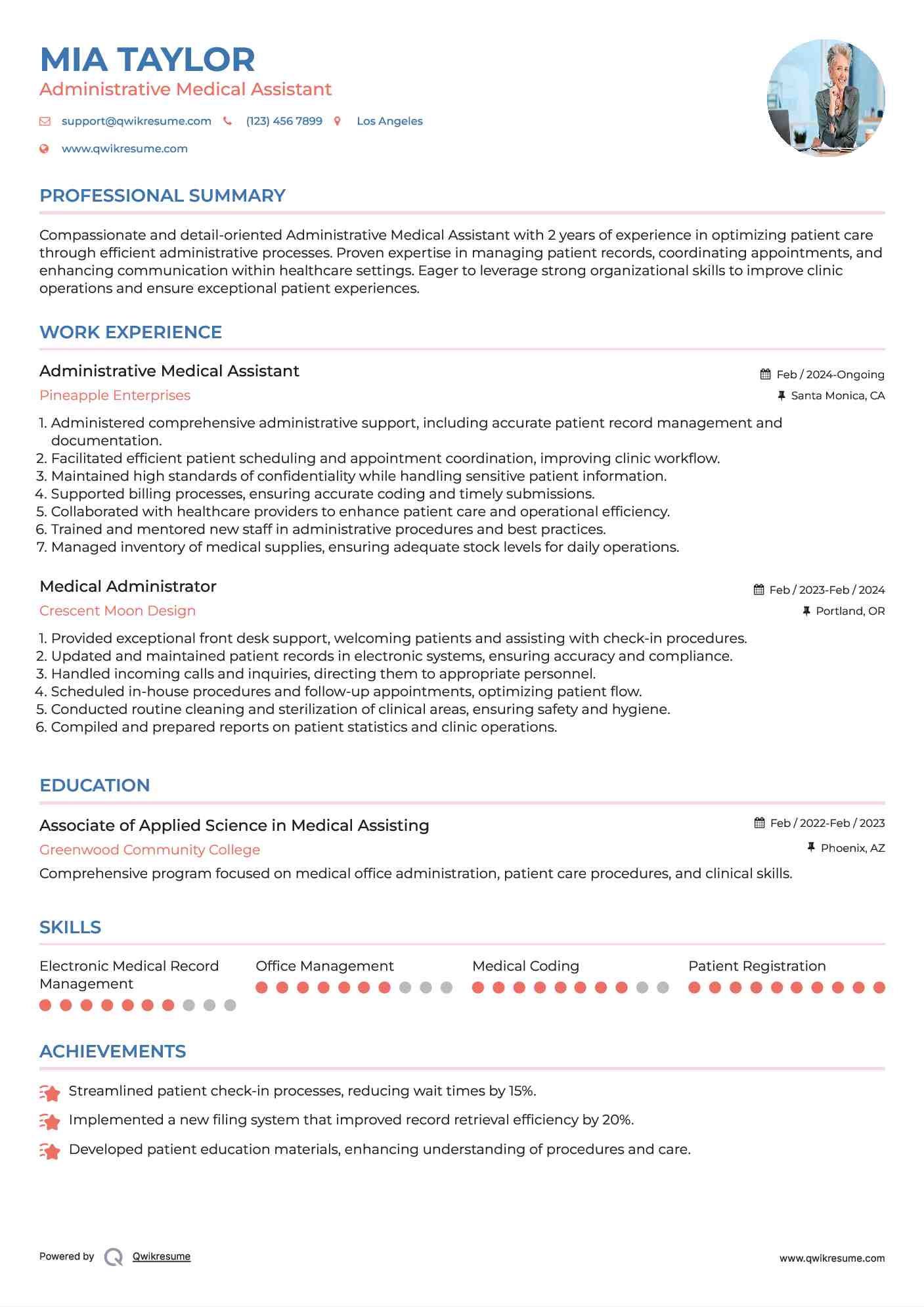 Administrative Medical Assistant
 Resume Format
