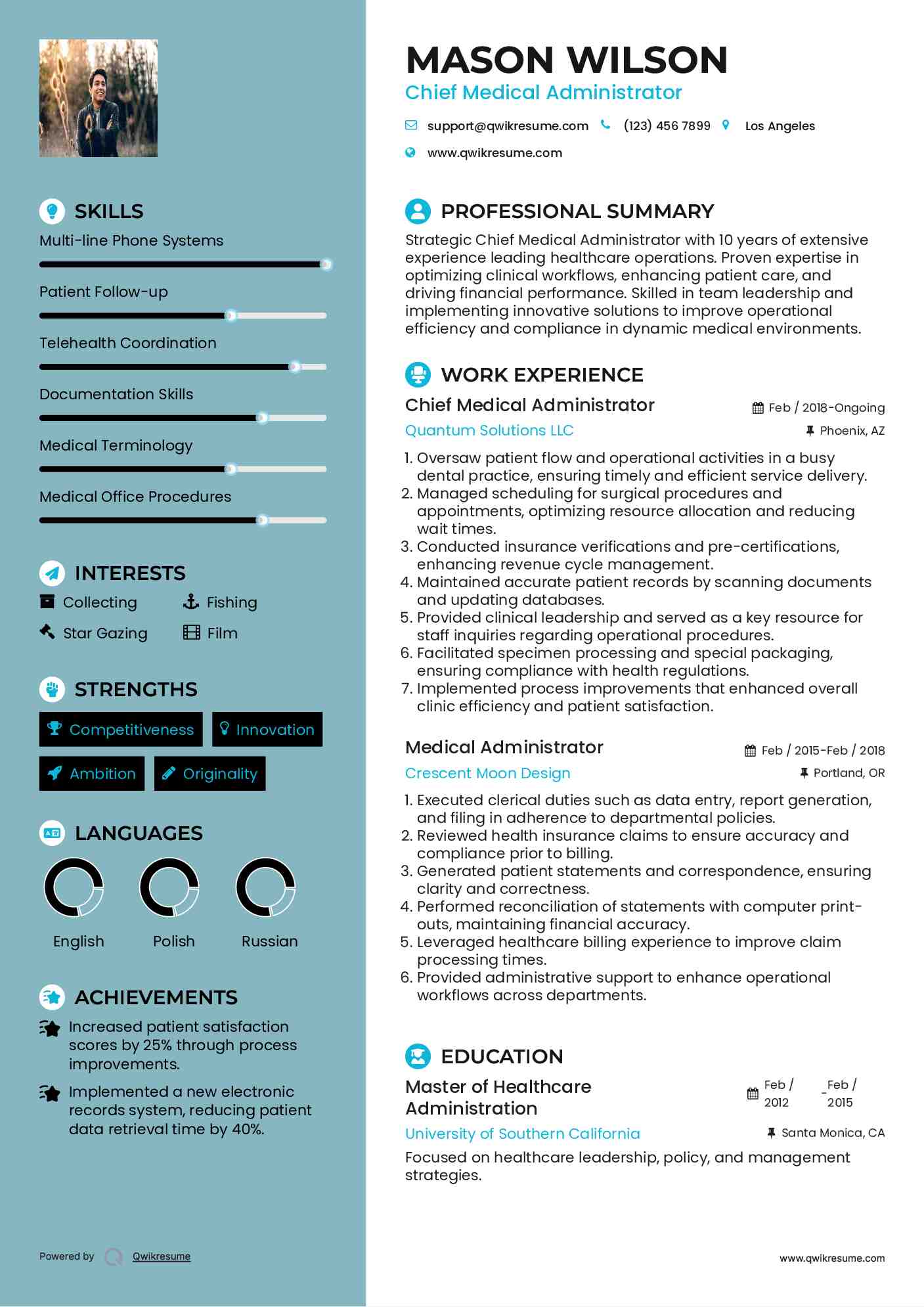 Chief Medical Administrator  Resume Sample