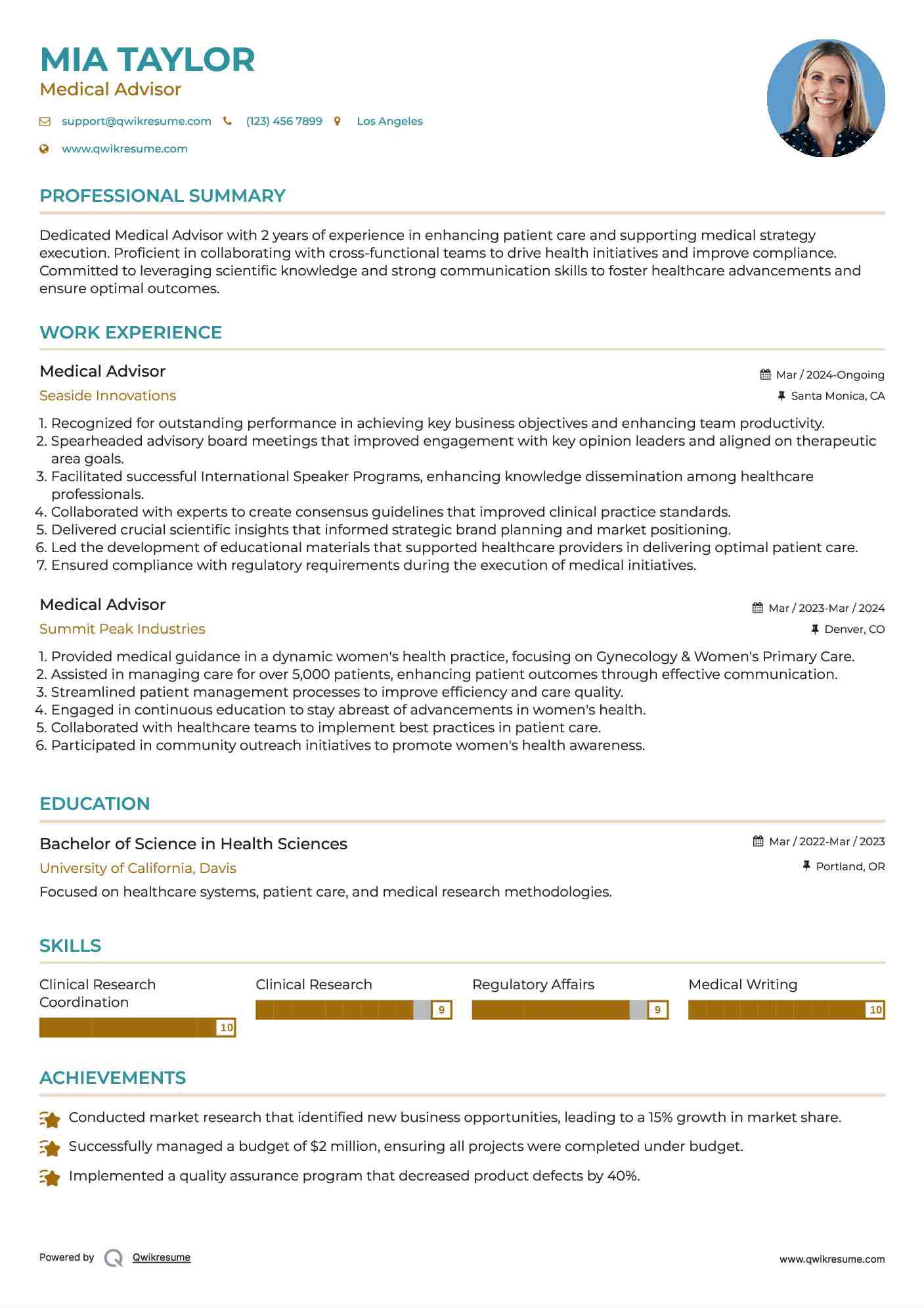 Medical Advisor Resume Format