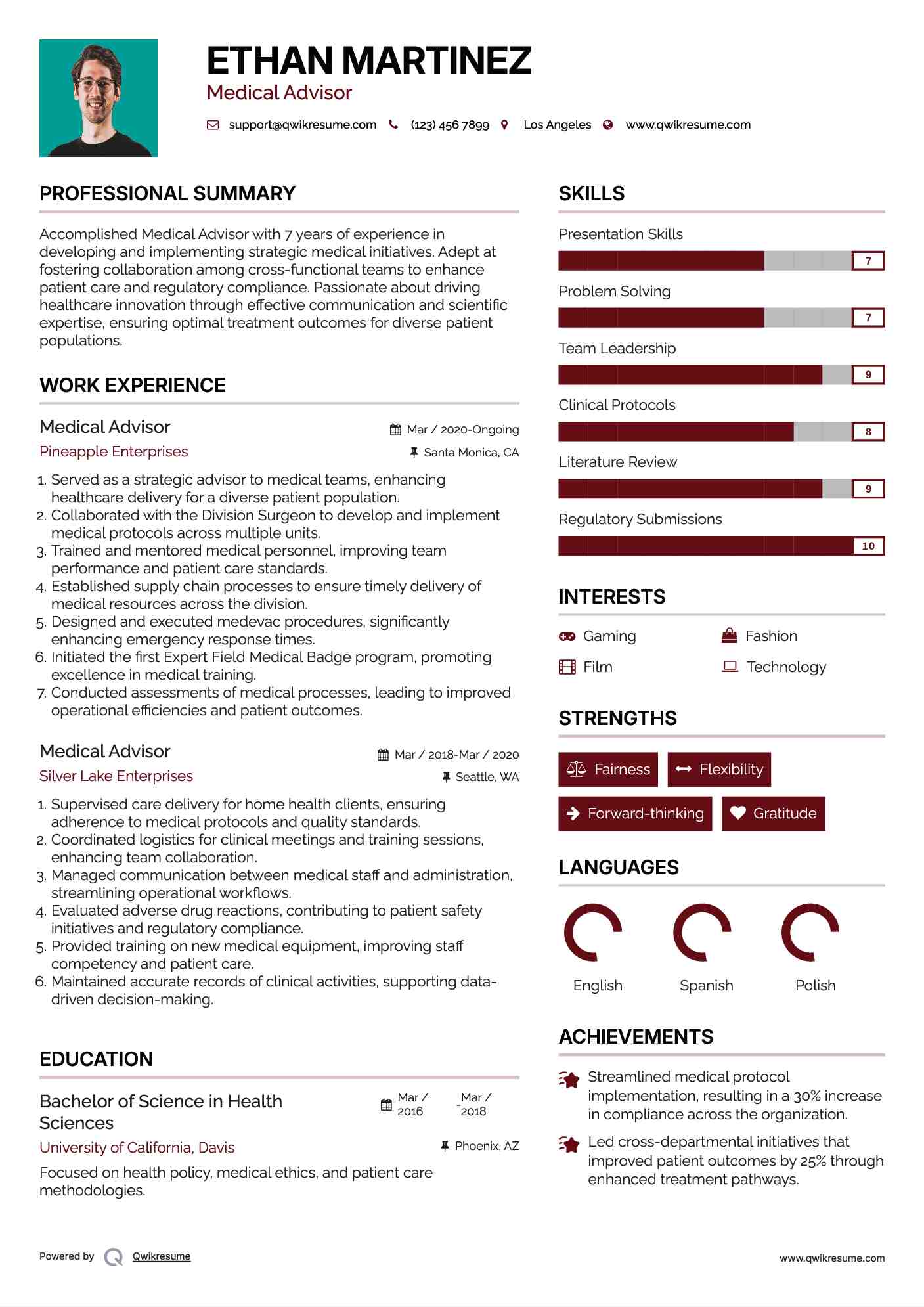 Medical Advisor Resume Example