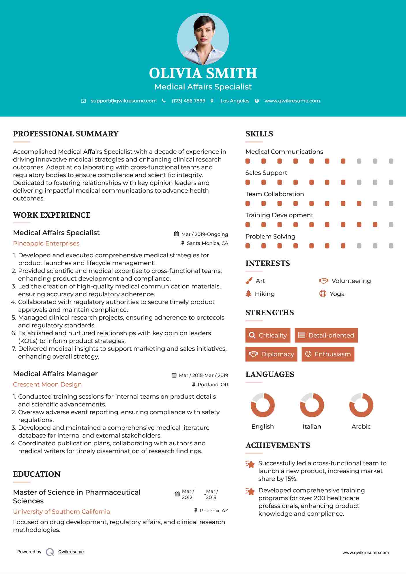 Medical Affairs Specialist Resume Example