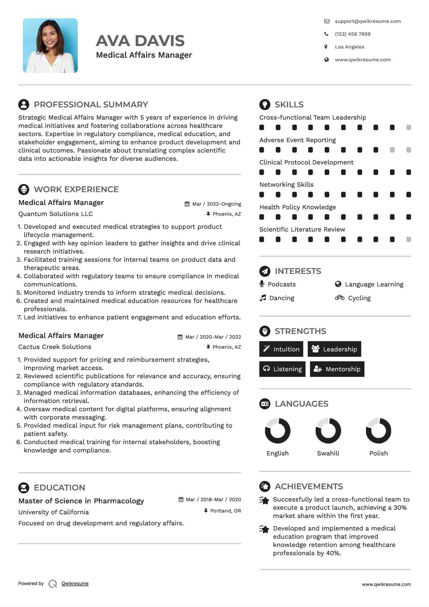 Medical Affairs Manager Resume Format