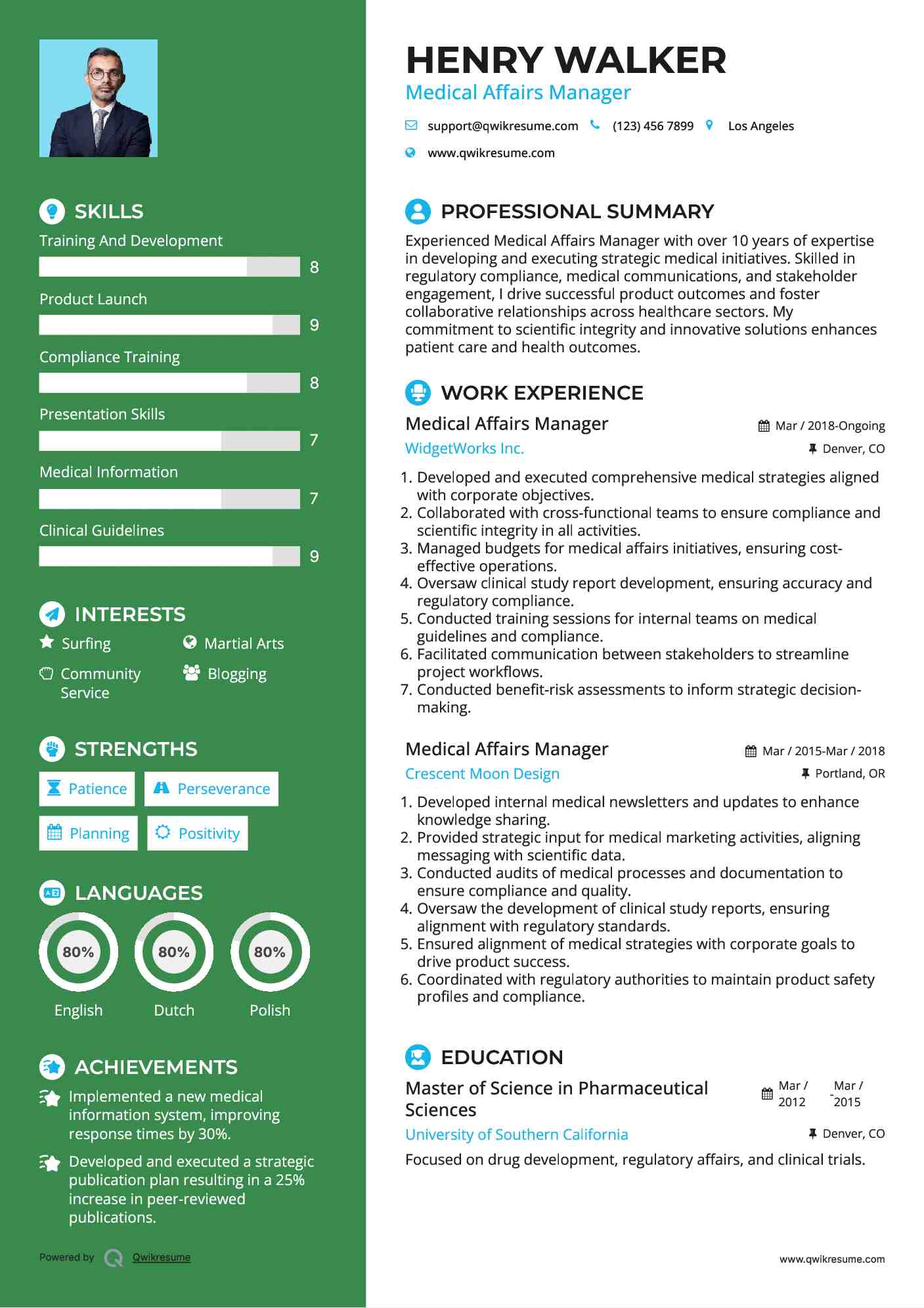 Medical Affairs Manager Resume Example