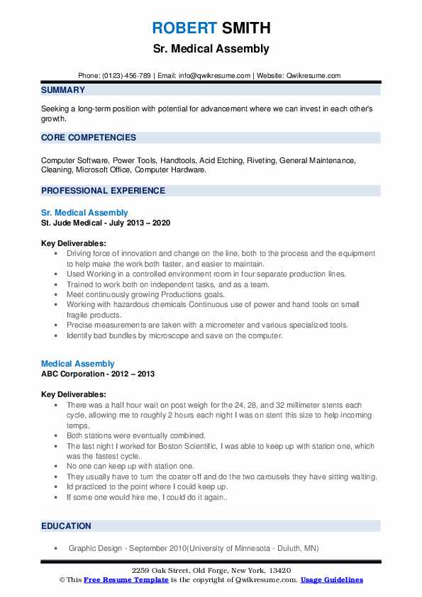 Medical Assembly Resume Samples QwikResume