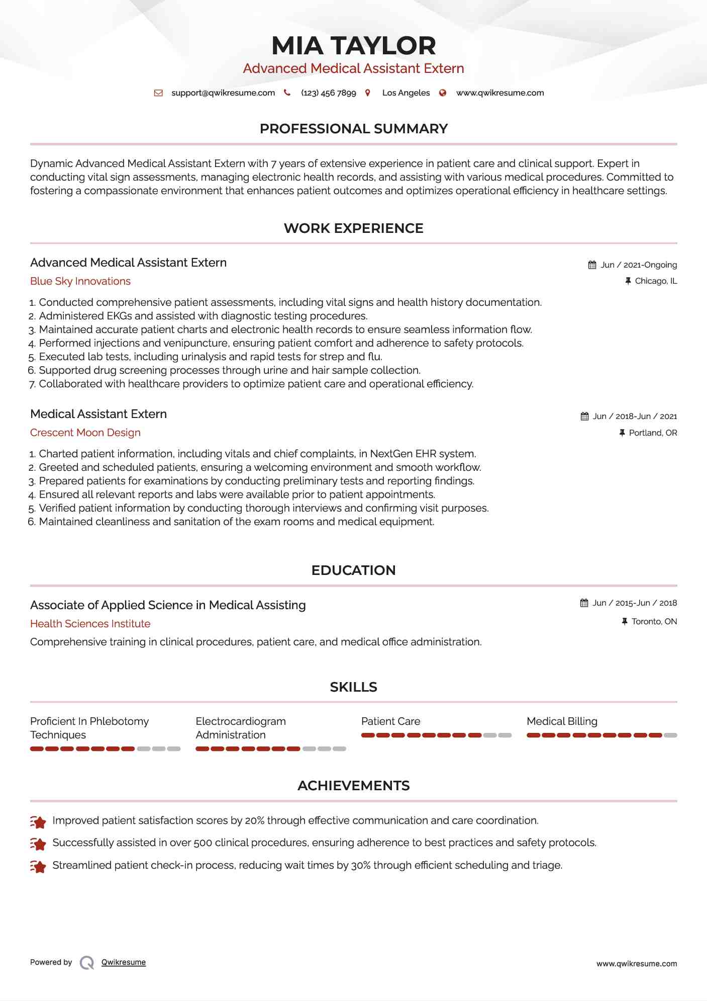 Advanced Medical Assistant Extern Resume Model