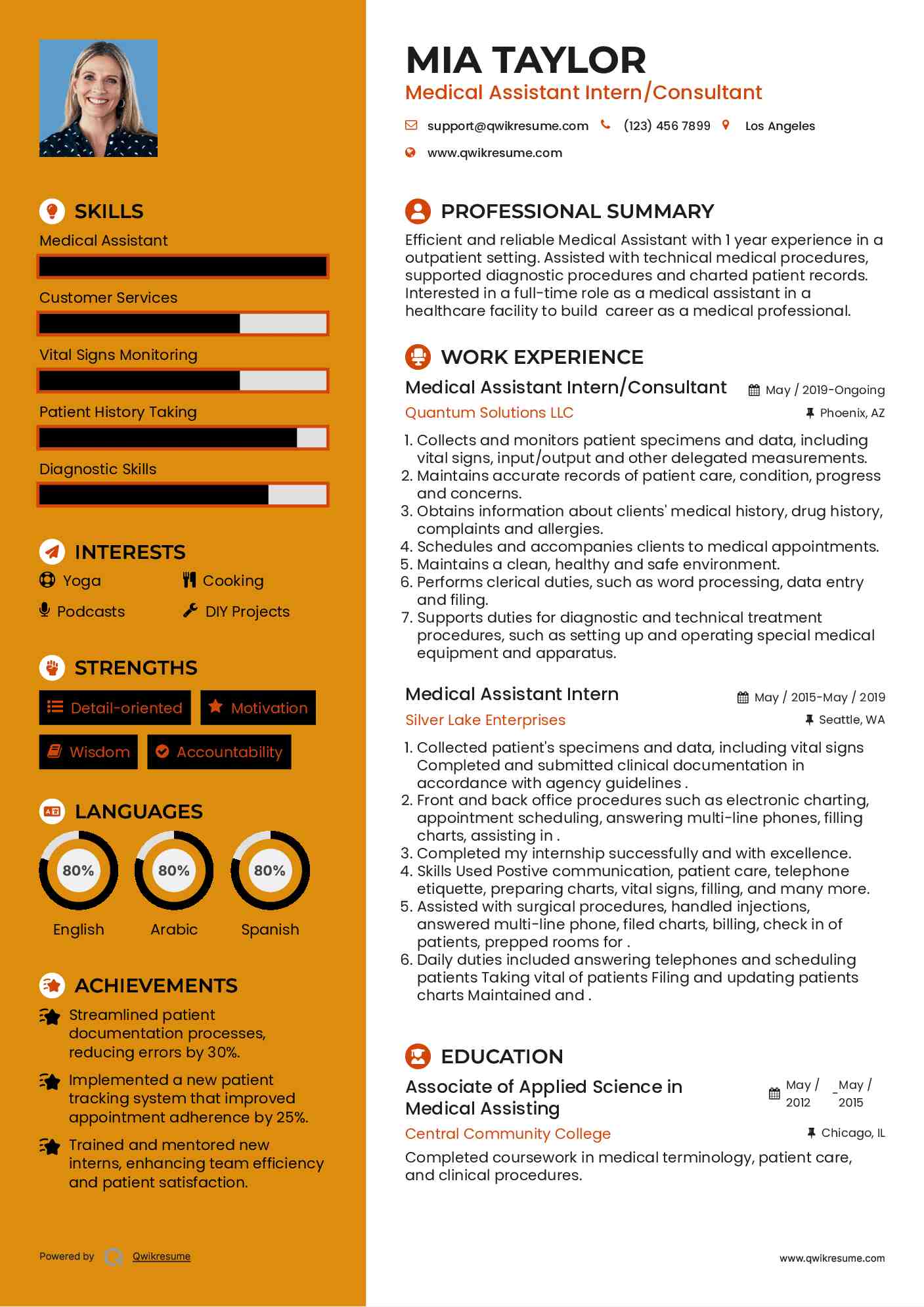 Medical Assistant Intern/Consultant Resume Sample