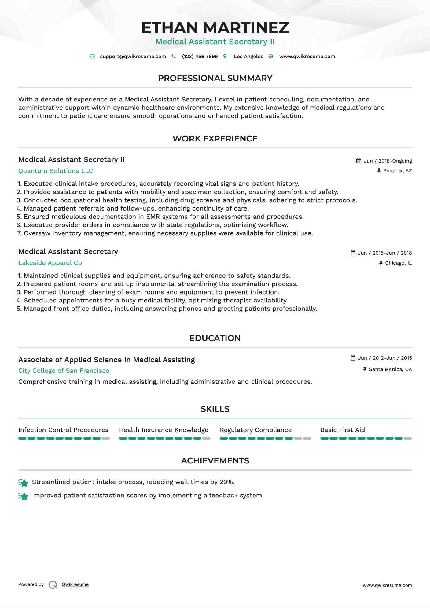 Medical Assistant Secretary II Resume Format