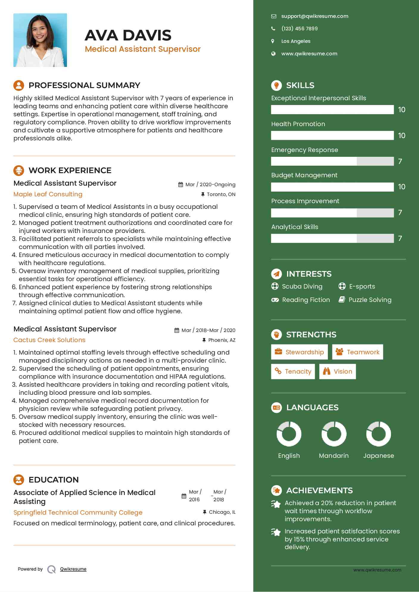 Medical Assistant Supervisor Resume Example