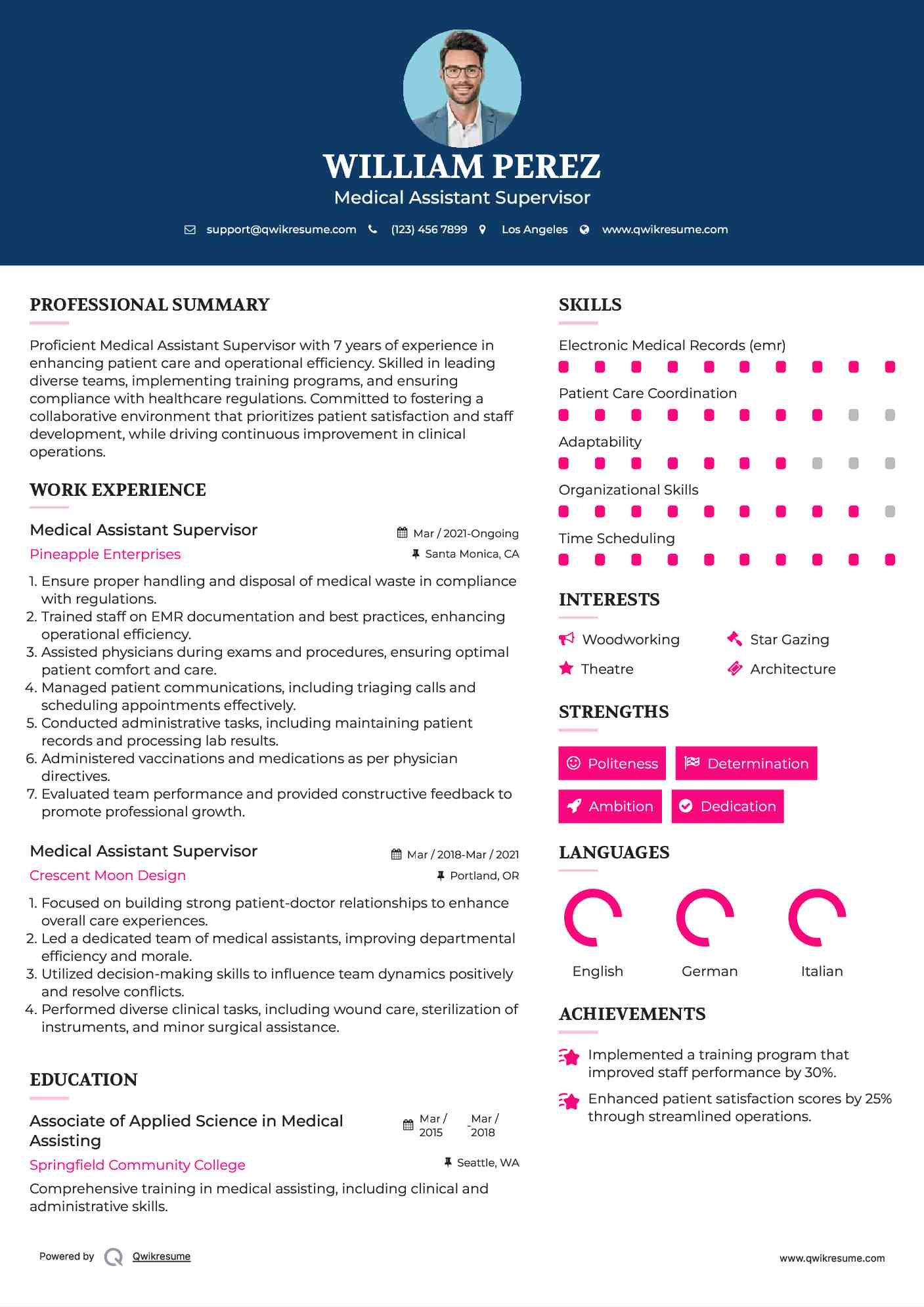 Medical Assistant Supervisor Resume Example