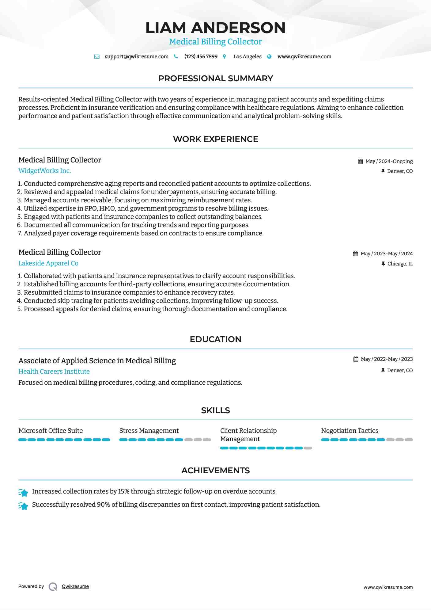 Medical Billing Collector Resume Format