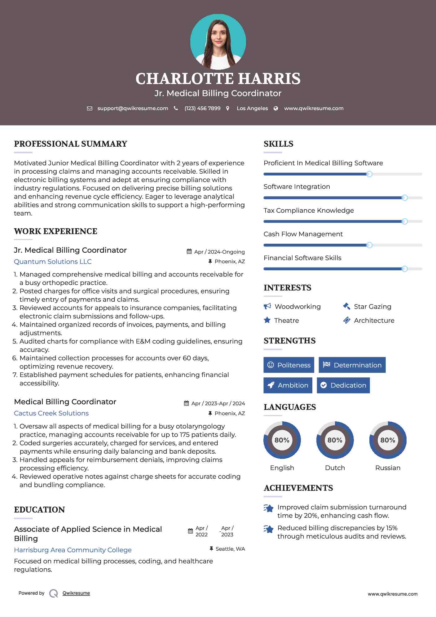 Jr. Medical Billing Coordinator Resume Sample