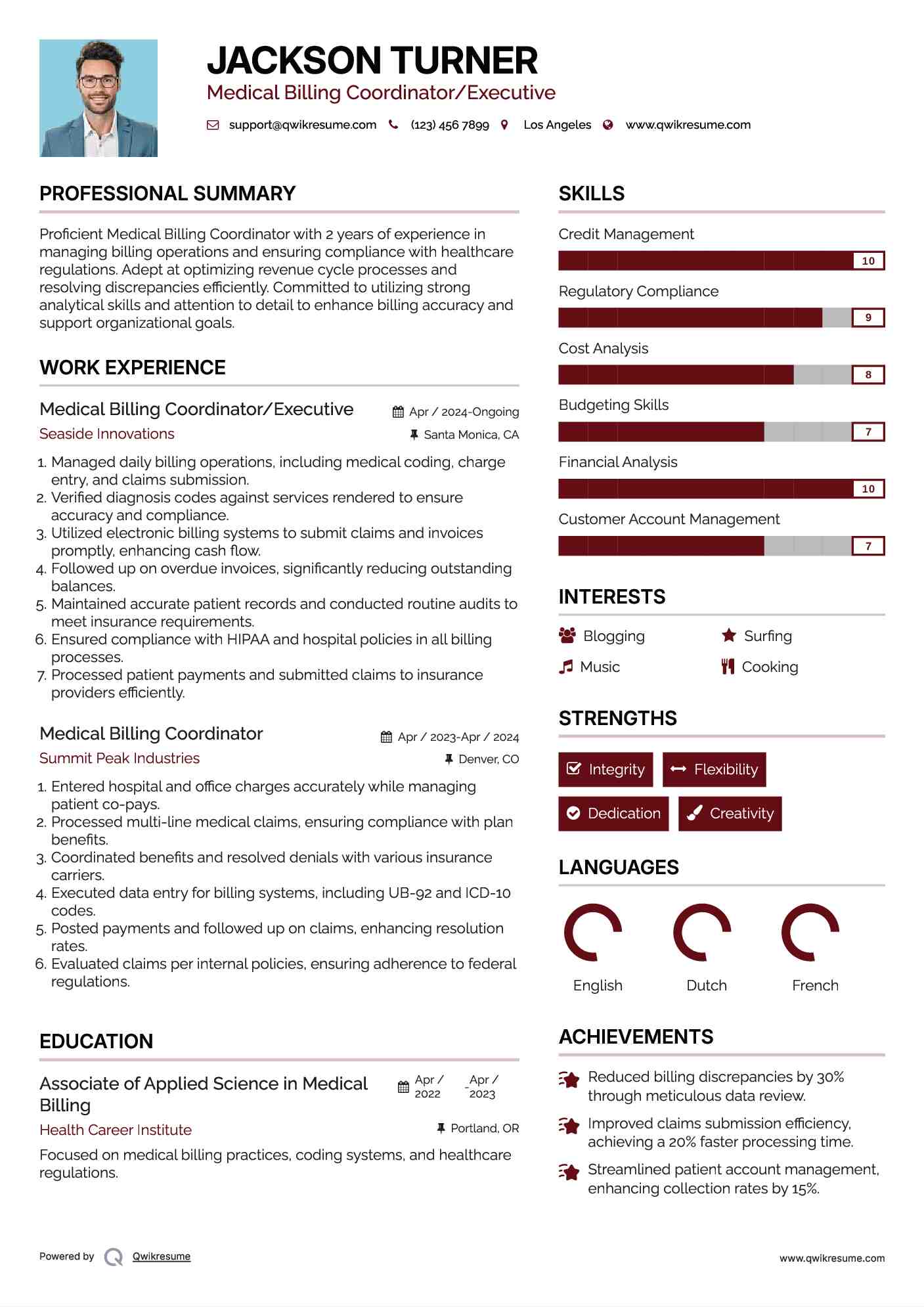 Medical Billing Coordinator/Executive Resume Sample