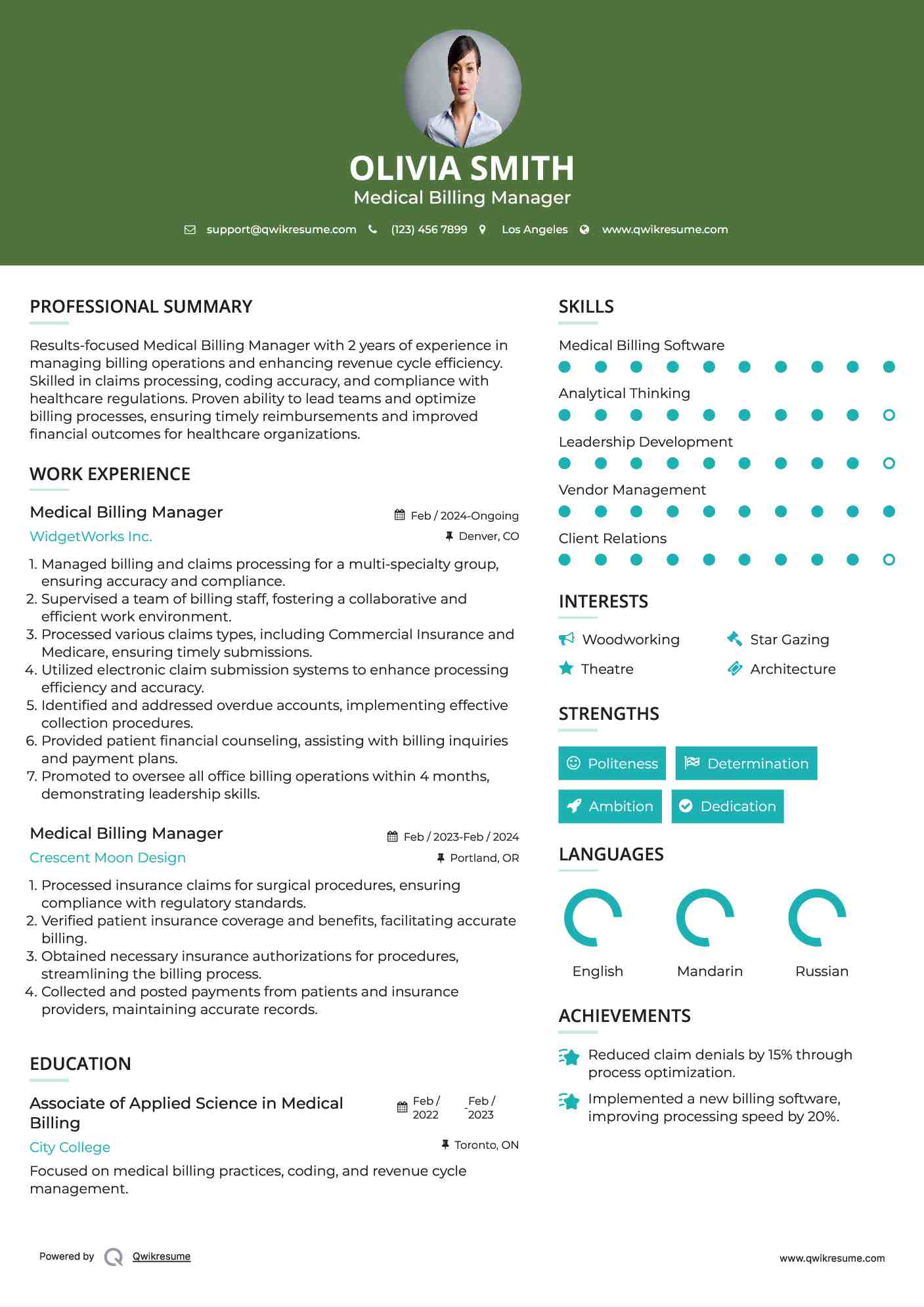 Medical Billing Manager Resume Example