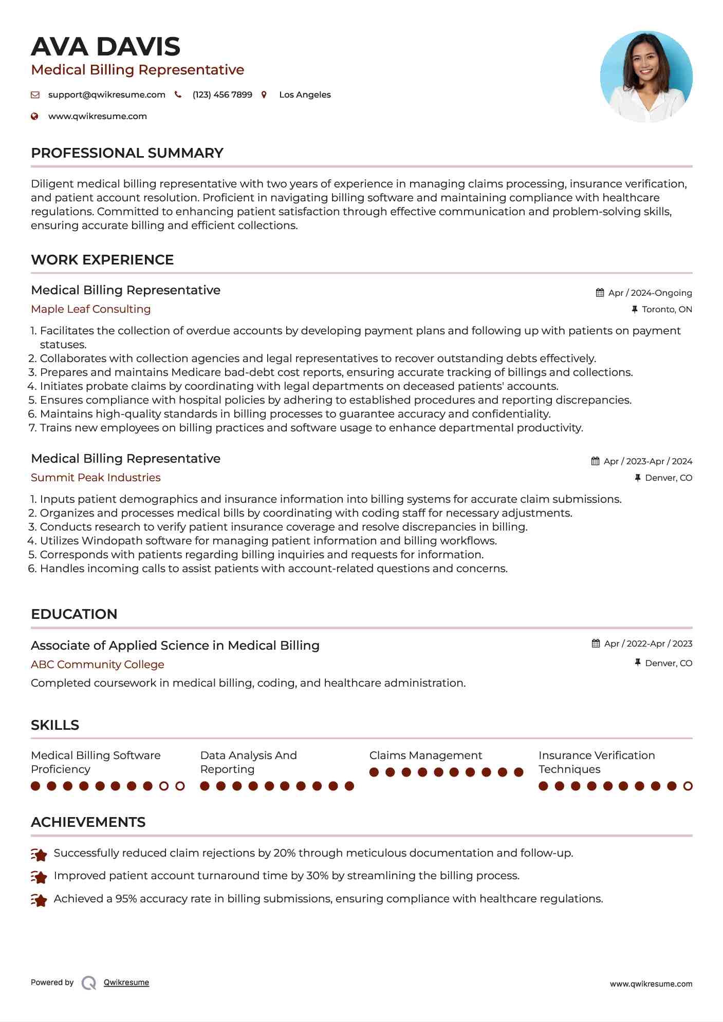 Medical Billing Representative Resume Model