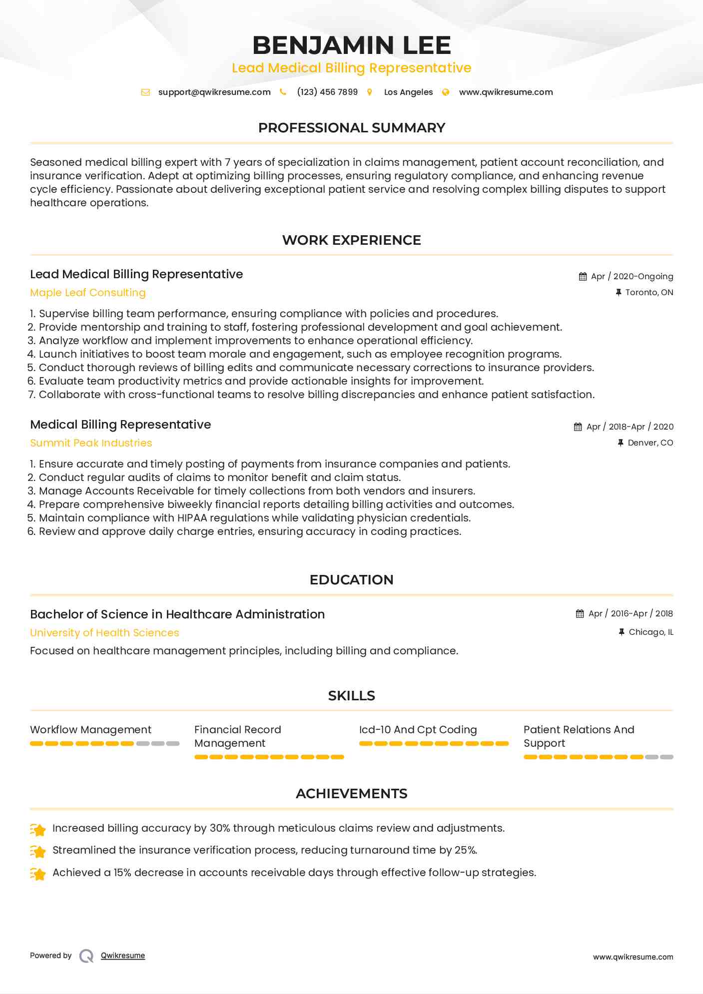 Lead Medical Billing Representative Resume Sample
