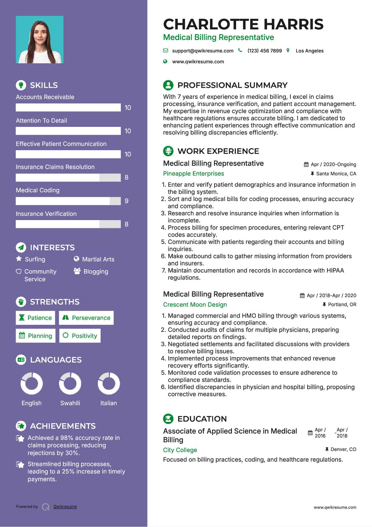 Medical Billing Representative Resume Example