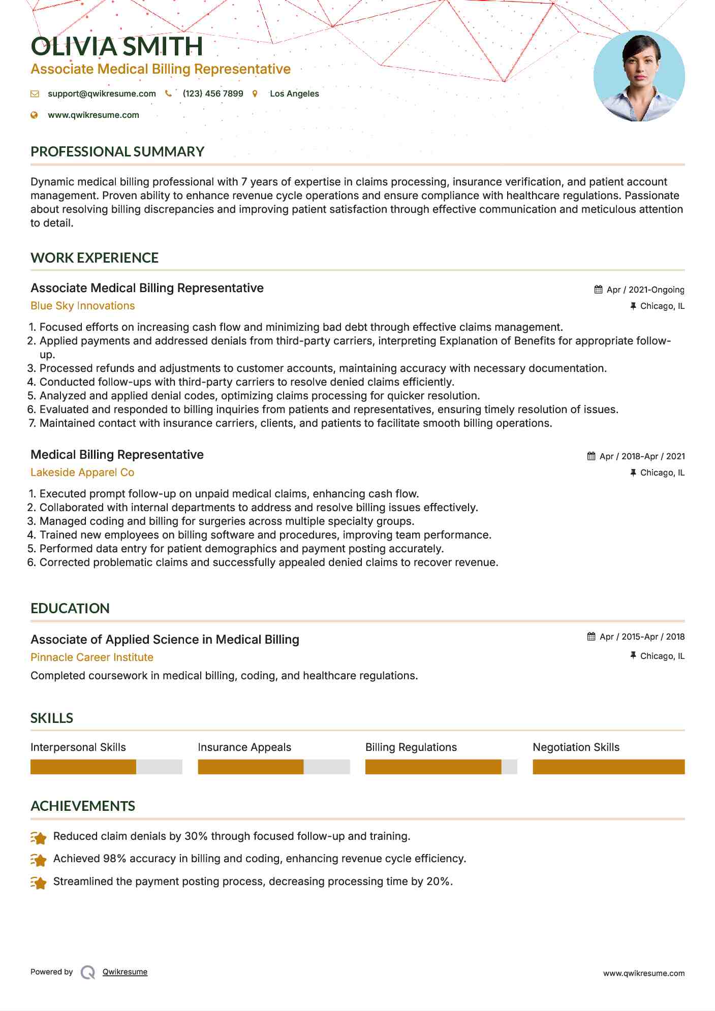 Associate Medical Billing Representative Resume Model