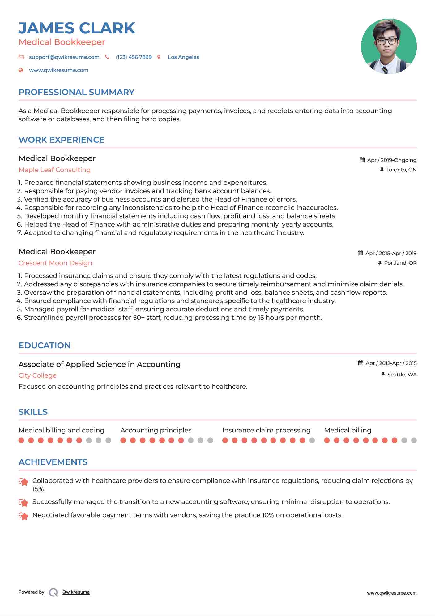 Medical Bookkeeper Resume Model