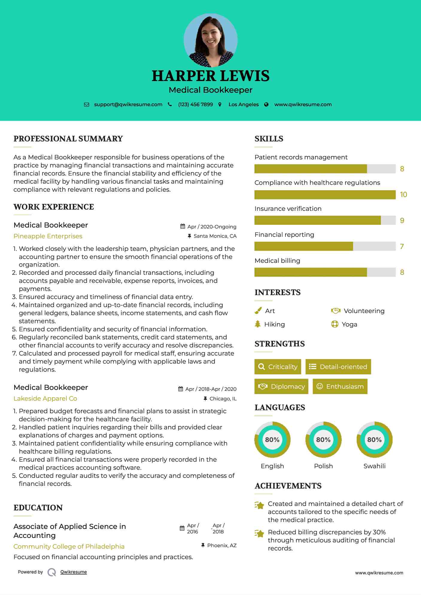 Medical Bookkeeper Resume Example