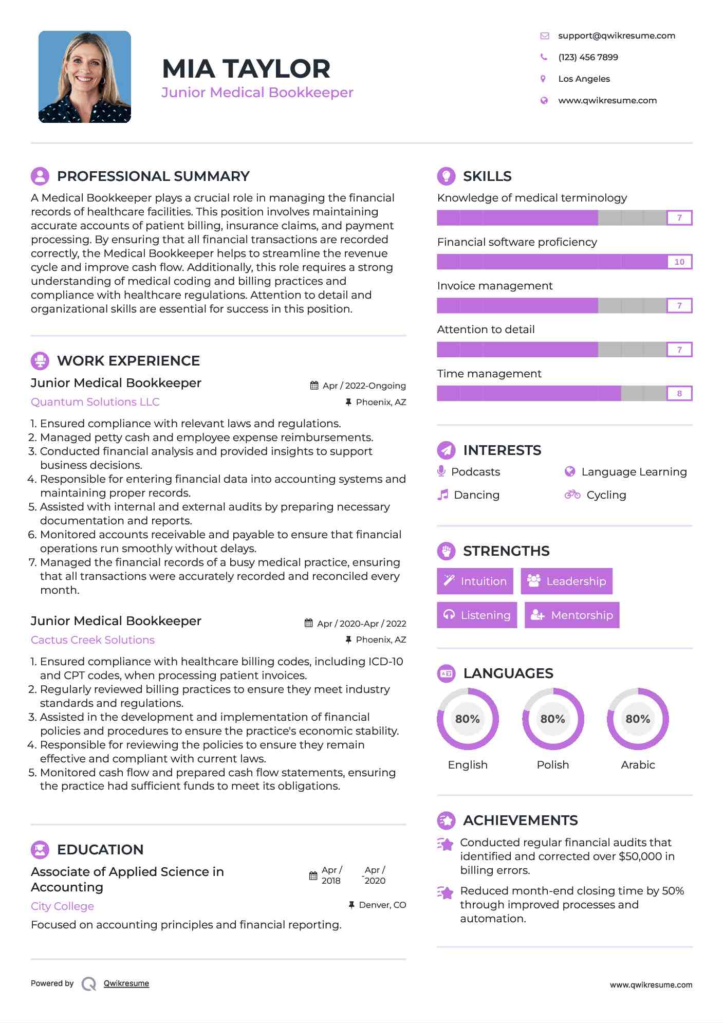 Junior Medical Bookkeeper Resume Template