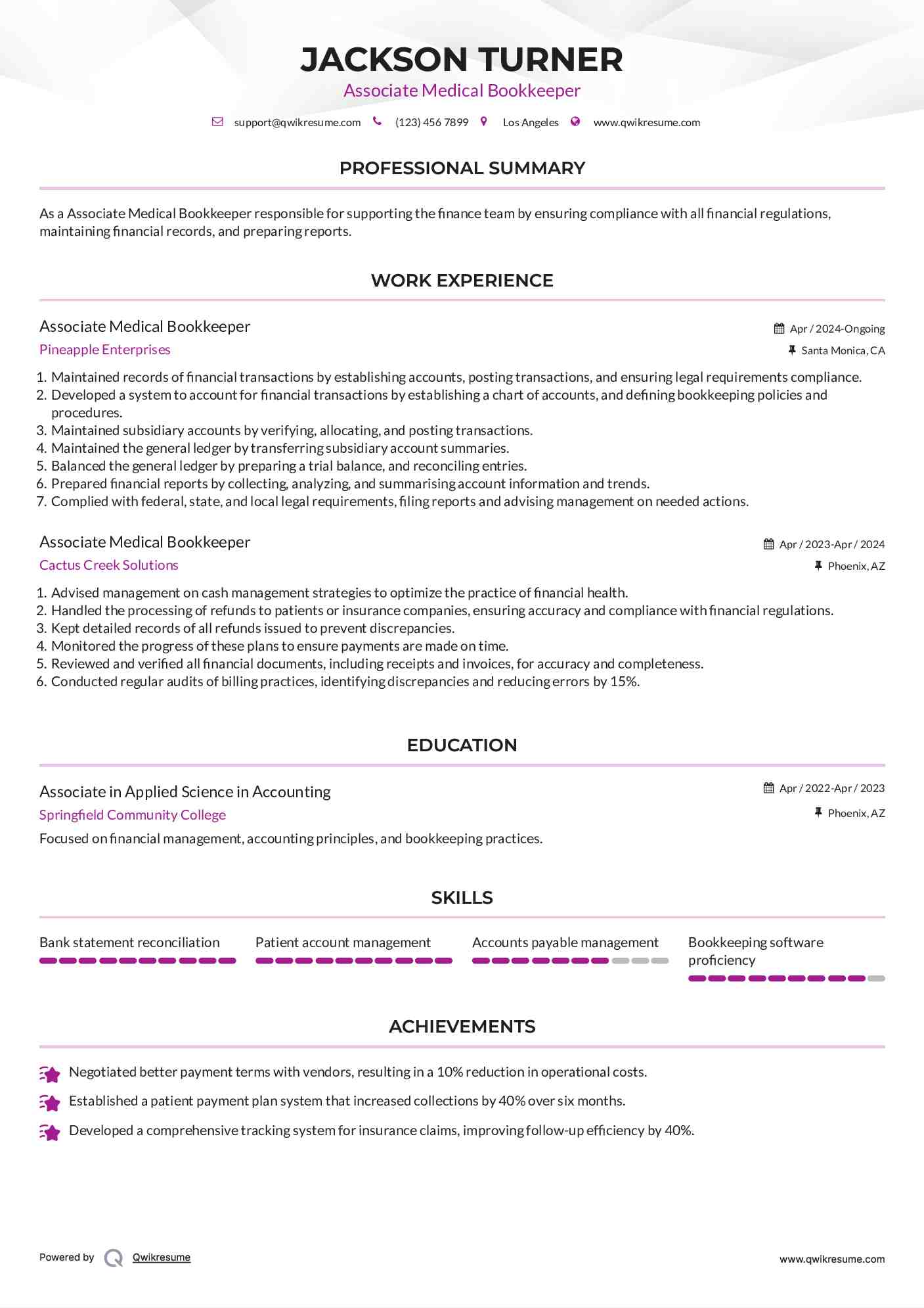 Associate  Medical Bookkeeper Resume Example