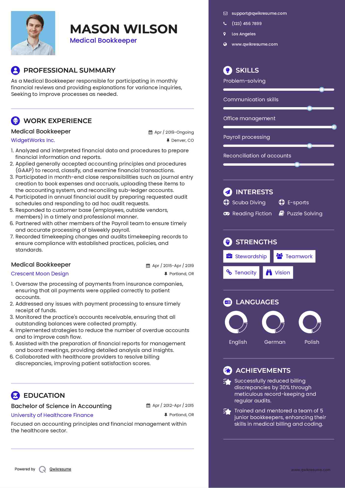 Medical Bookkeeper Resume Example