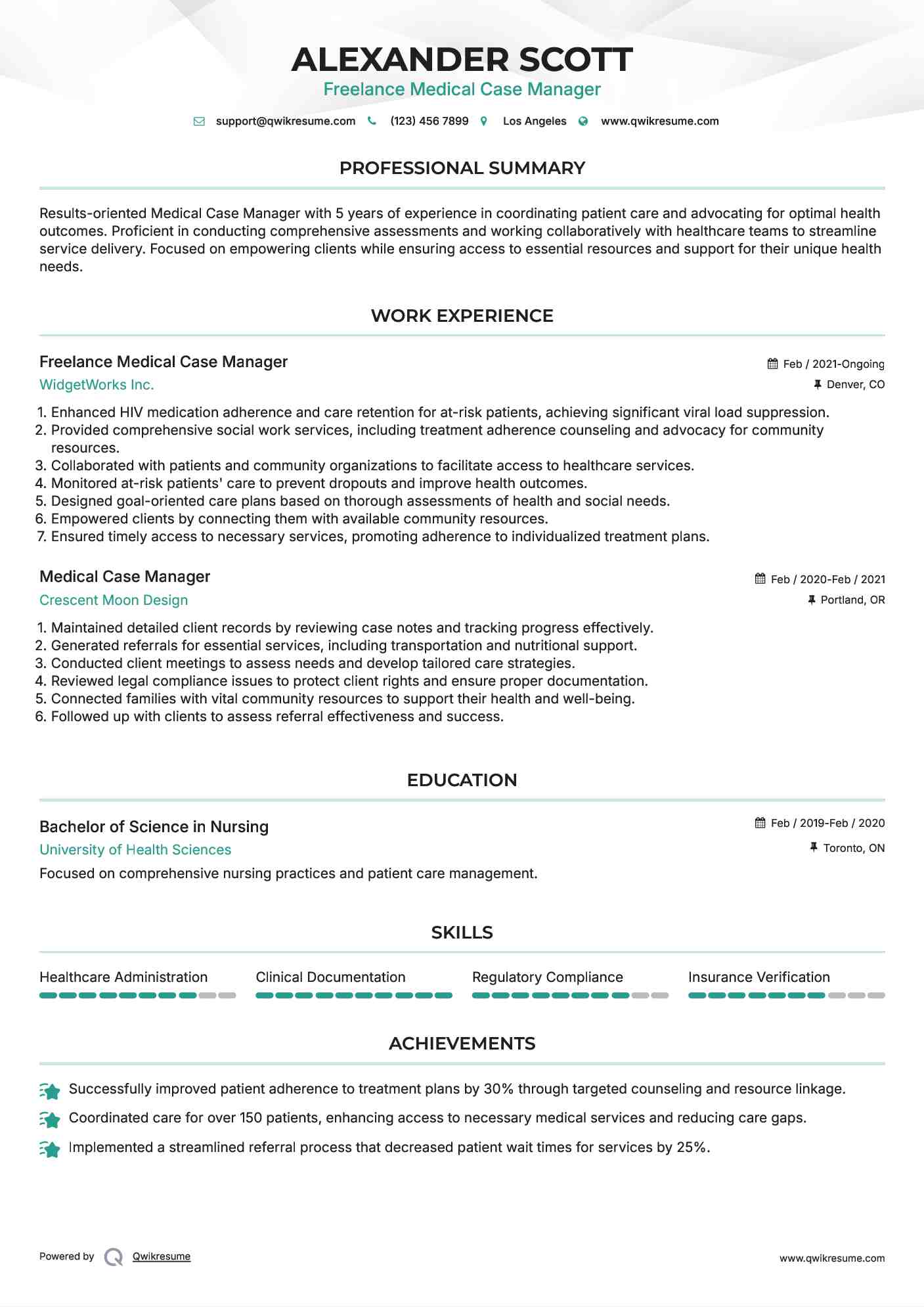 Freelance Medical Case Manager Resume Sample