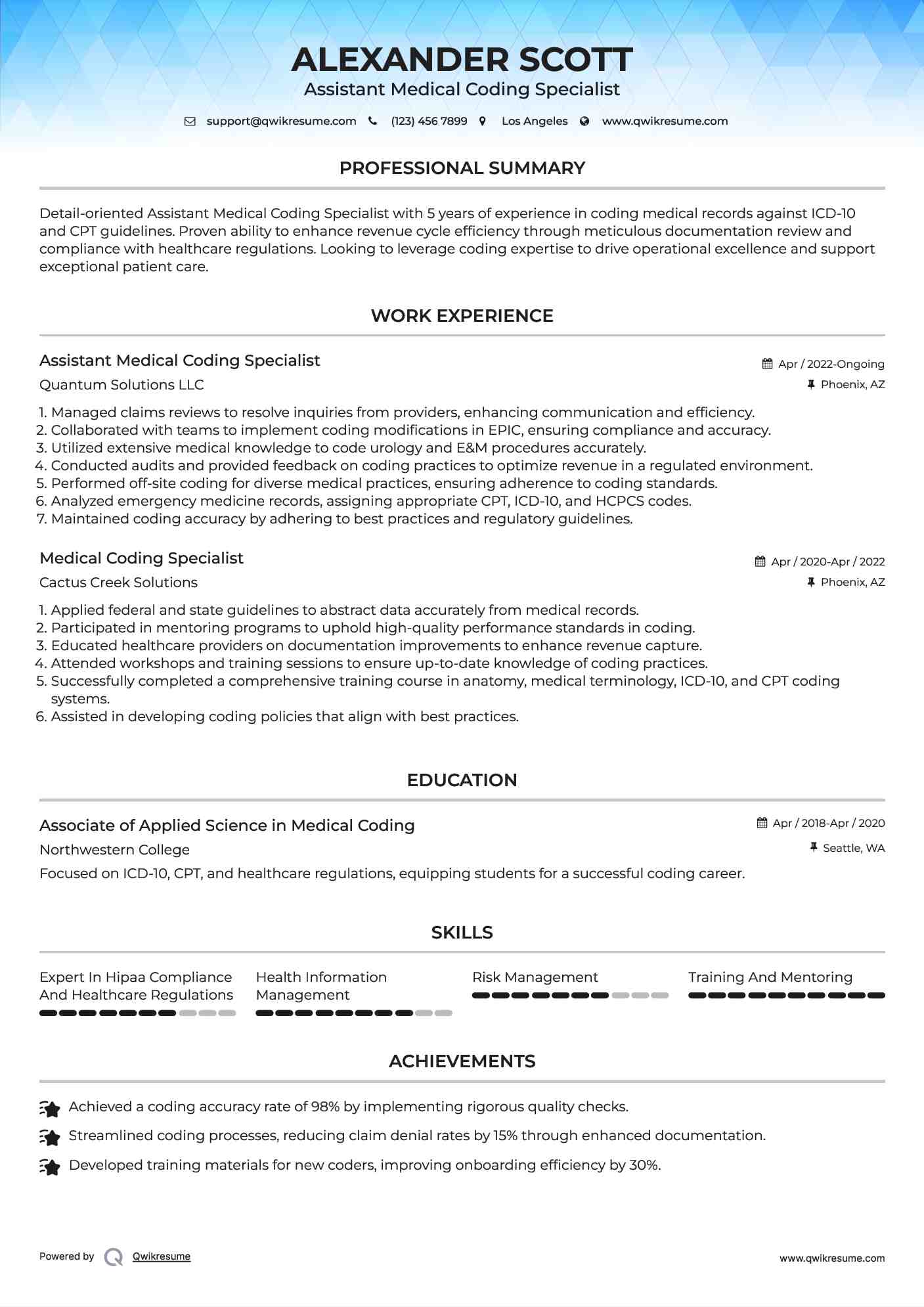 Assistant Medical Coding Specialist Resume Example