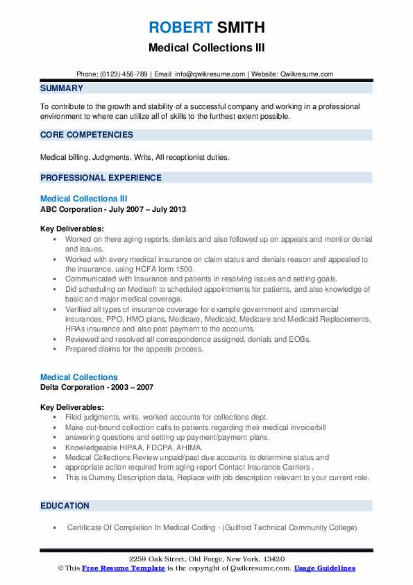 Medical Collections Resume Samples QwikResume