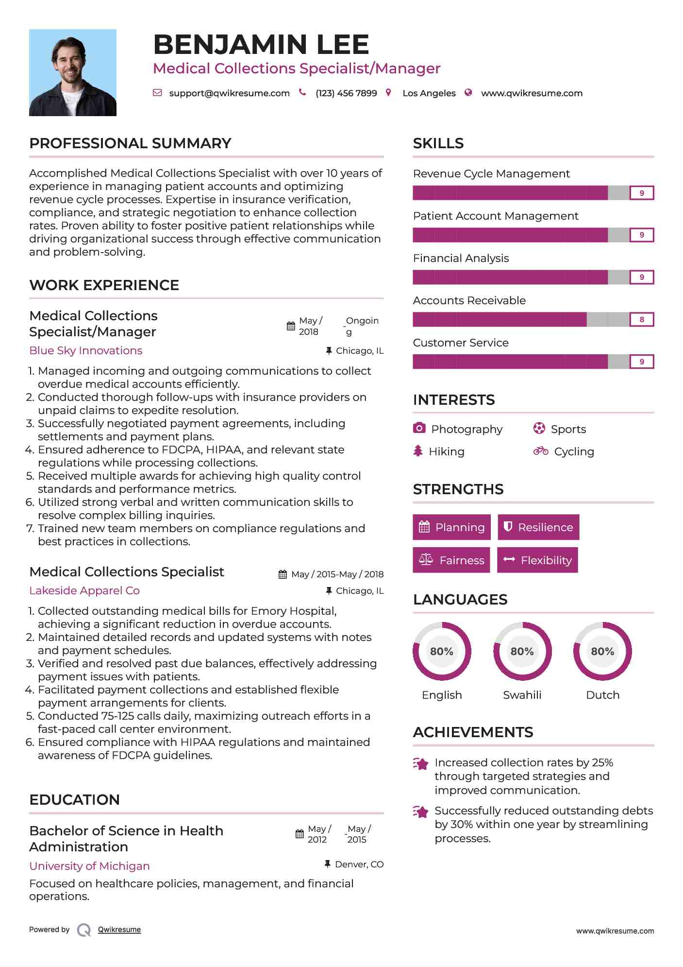 Medical Collections Specialist Resume Samples QwikResume