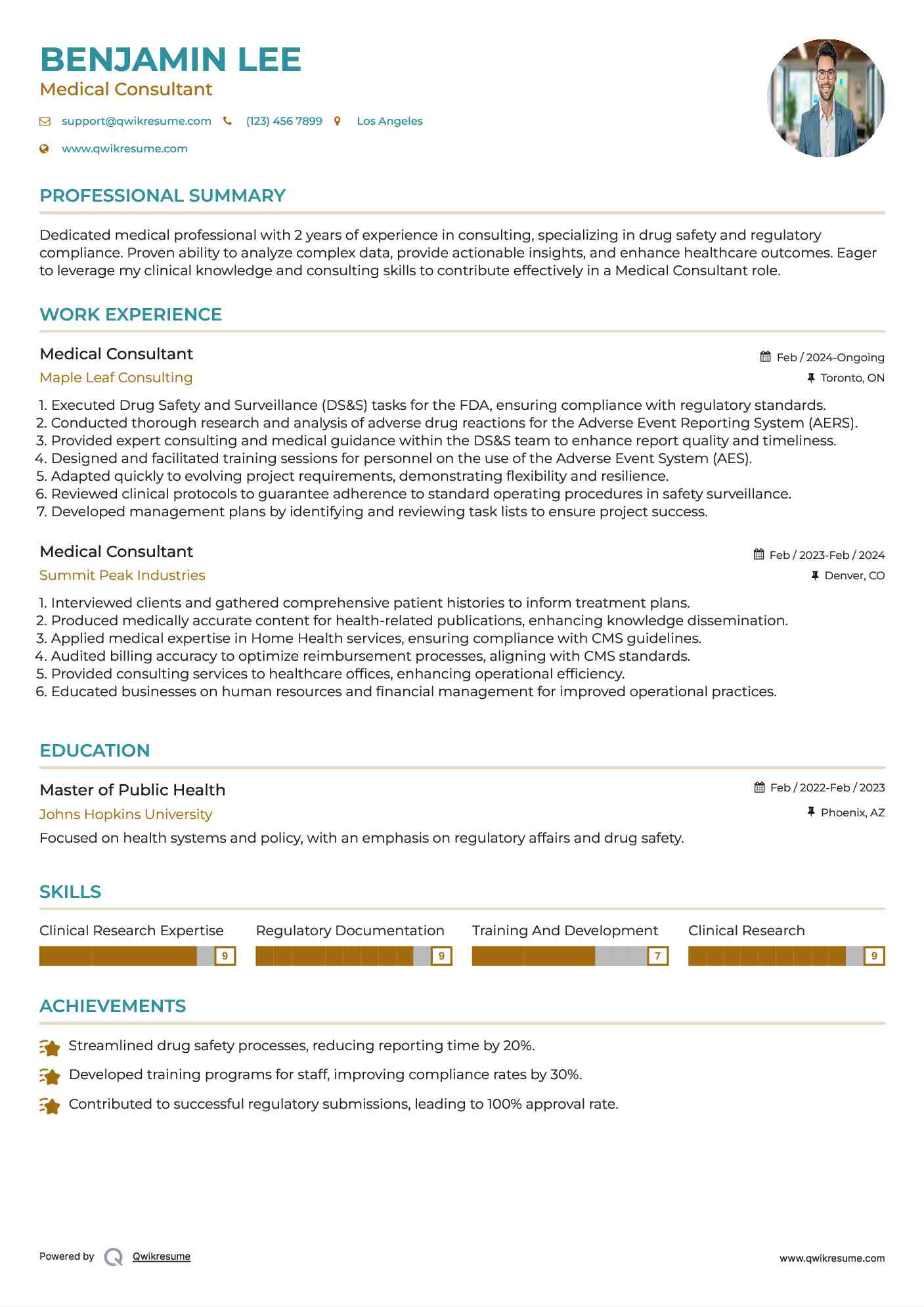 Medical Consultant Resume Example