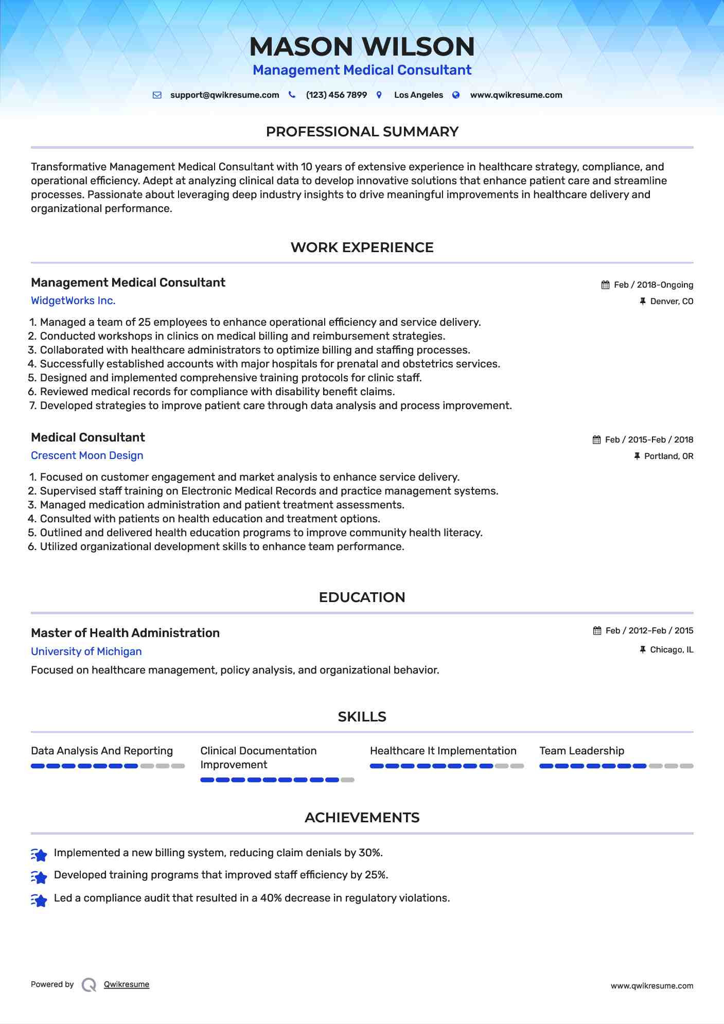 Management Medical Consultant Resume Model