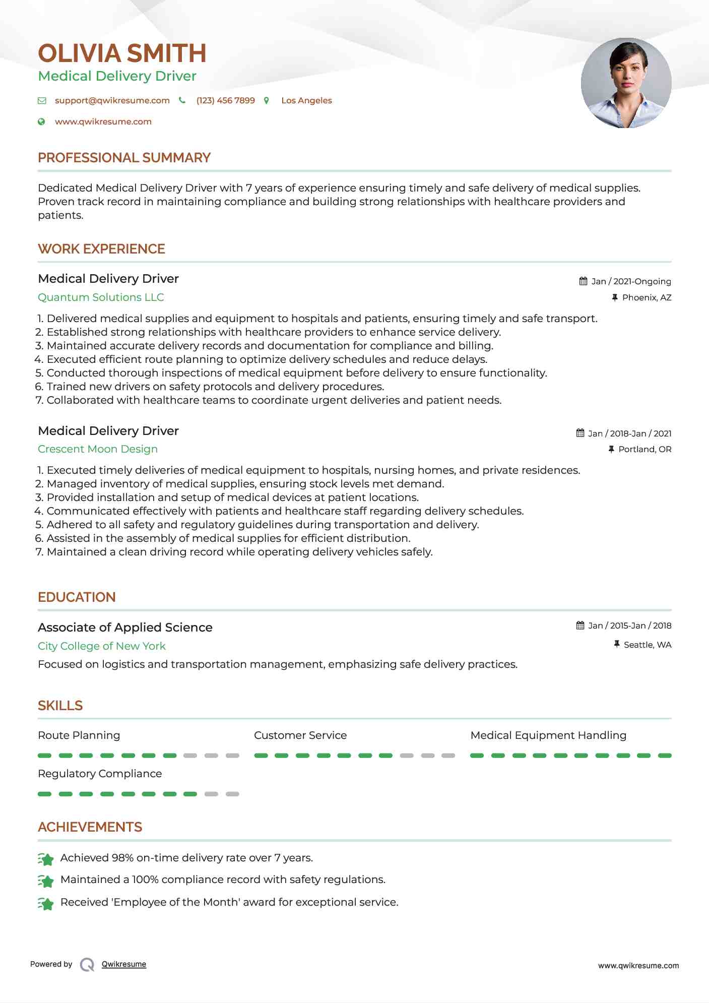 Medical Delivery Driver Resume Samples QwikResume