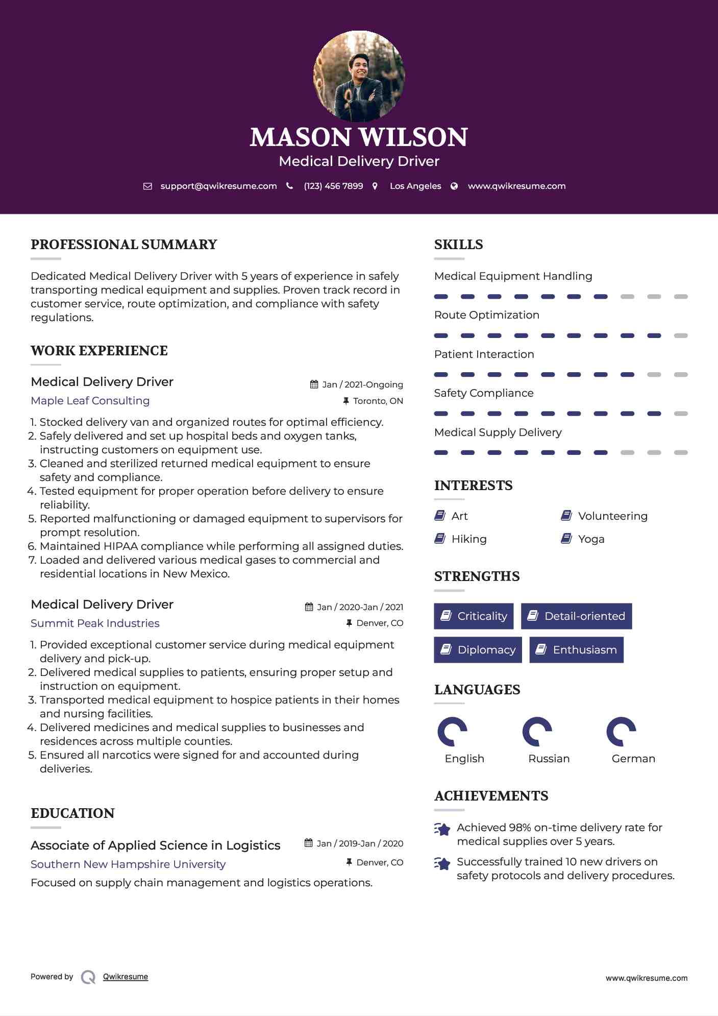 Medical Delivery Driver Resume Sample