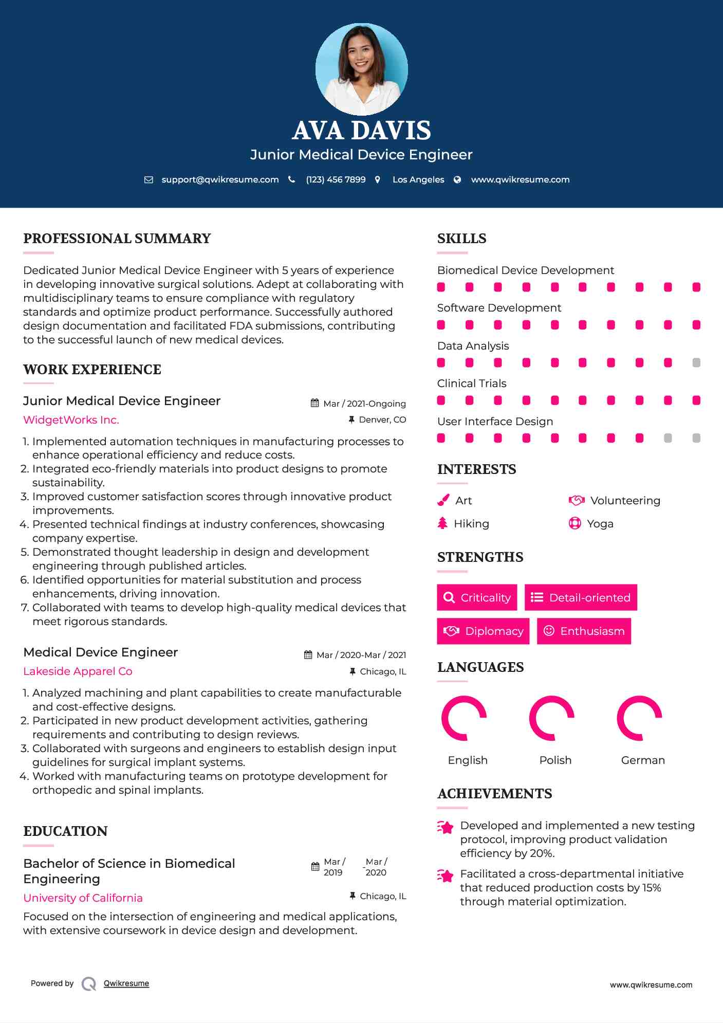 Junior Medical Device Engineer Resume Format