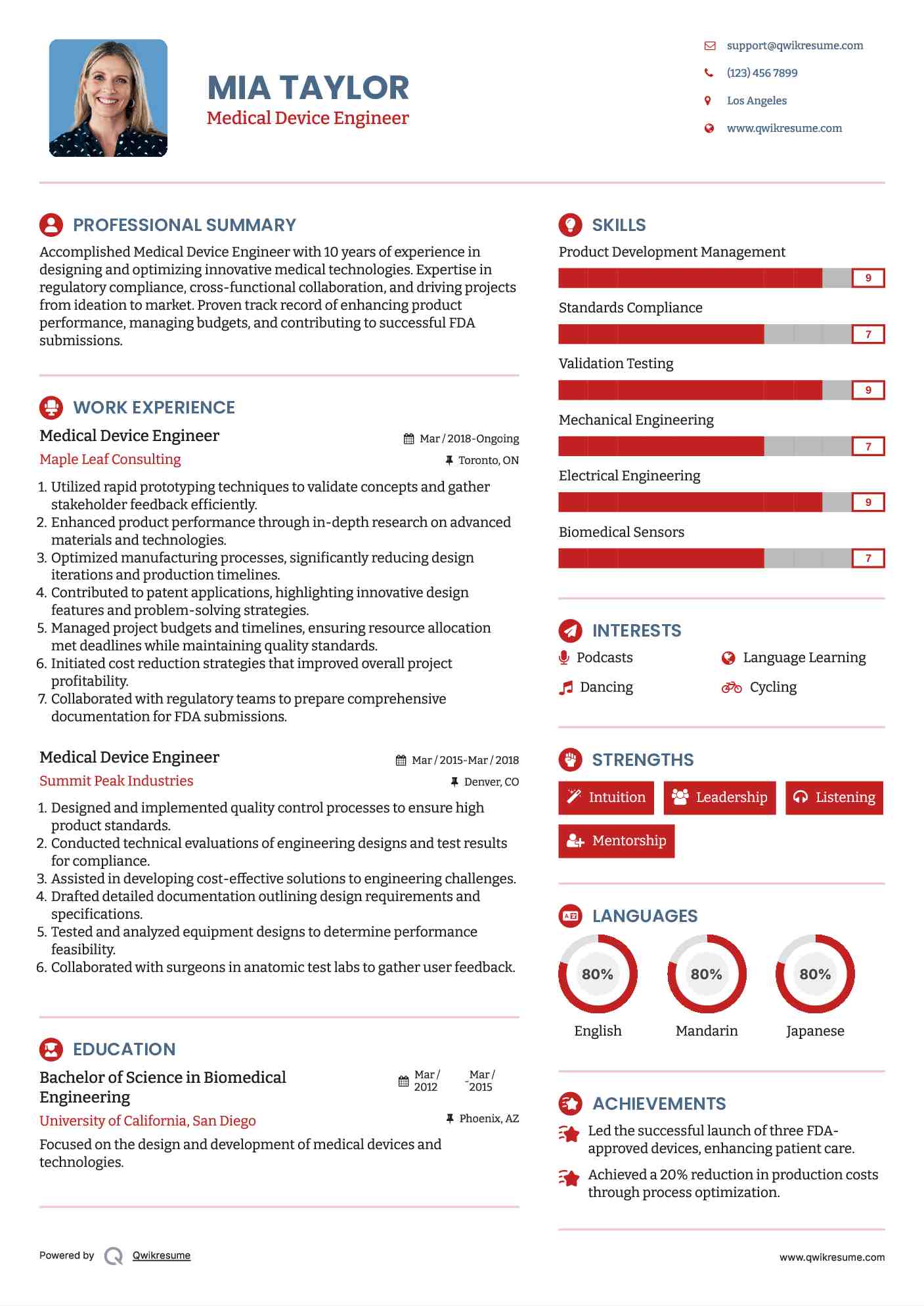 Medical Device Engineer Resume Model