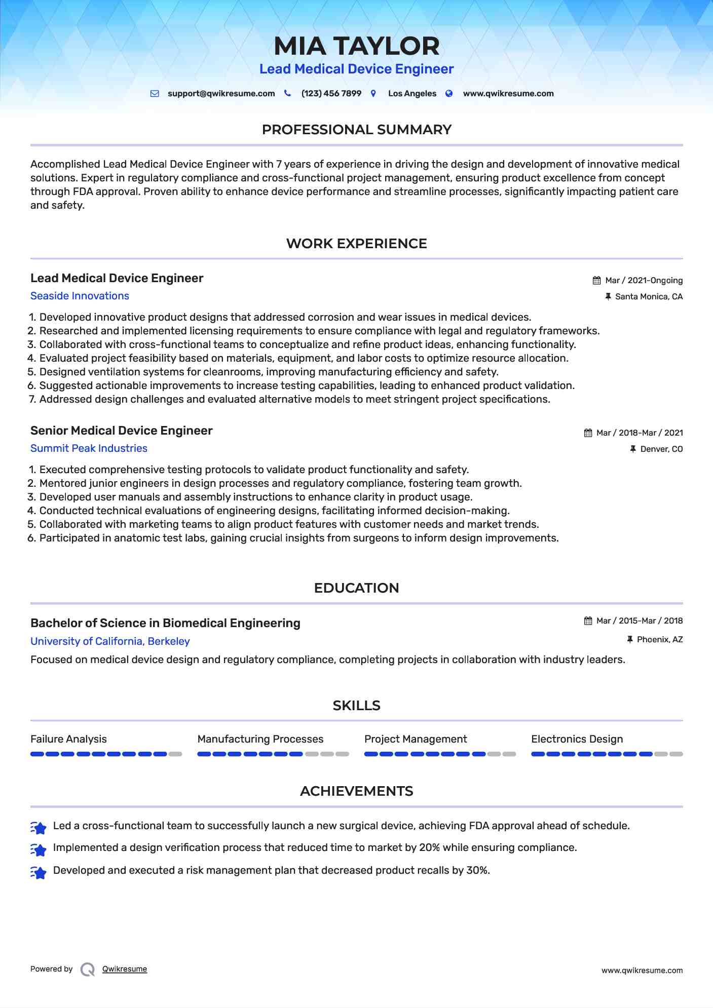 Lead Medical Device Engineer Resume Format