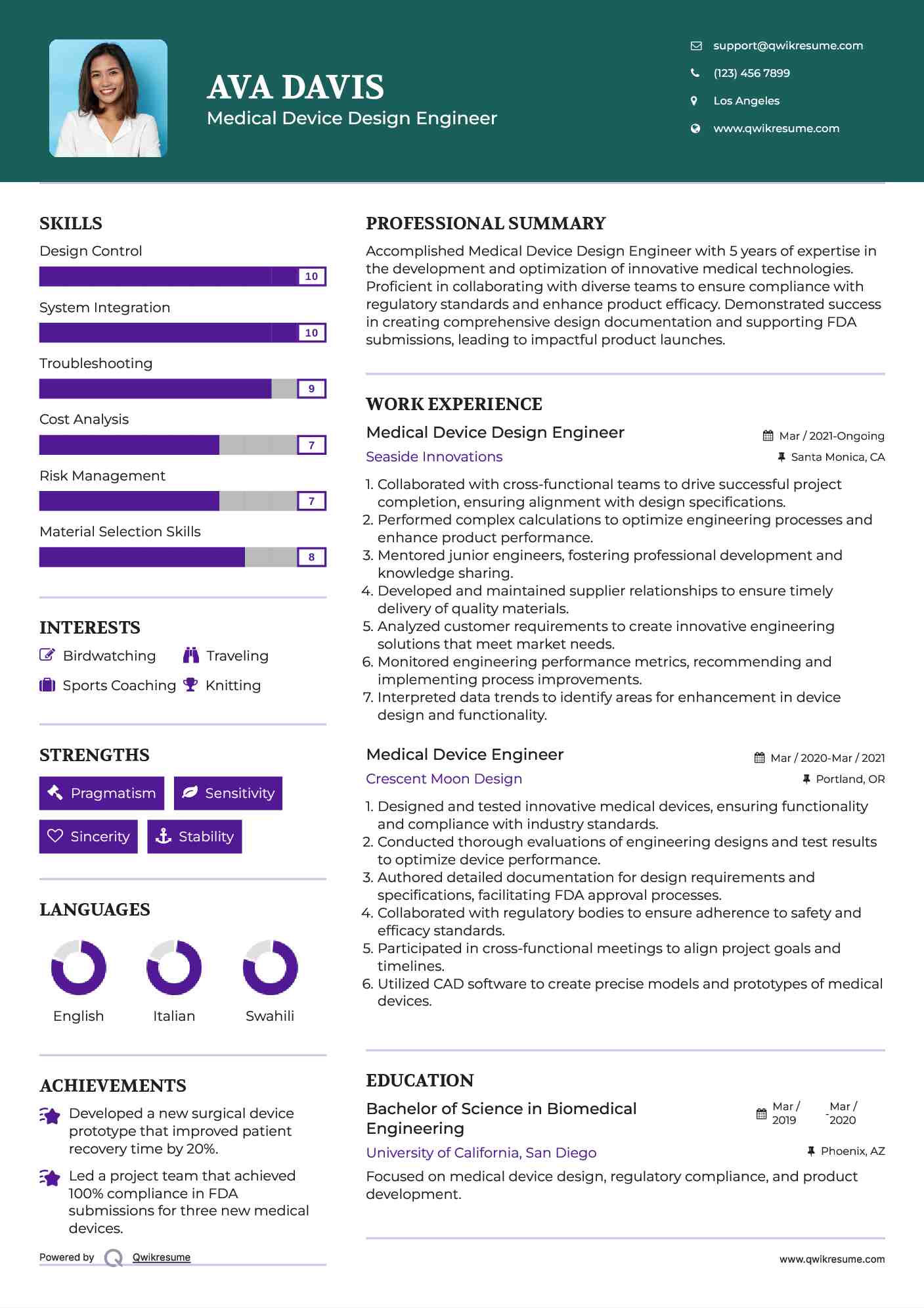 Medical Device Design Engineer Resume Sample