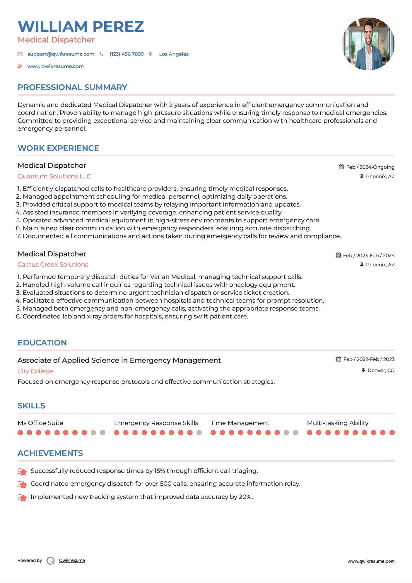 Medical Dispatcher Resume Example