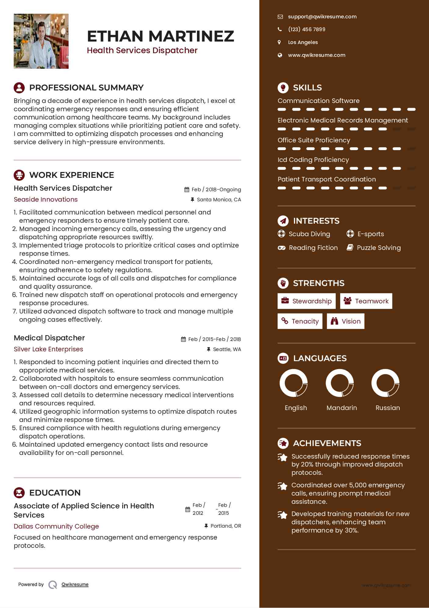 Health Services Dispatcher Resume Sample