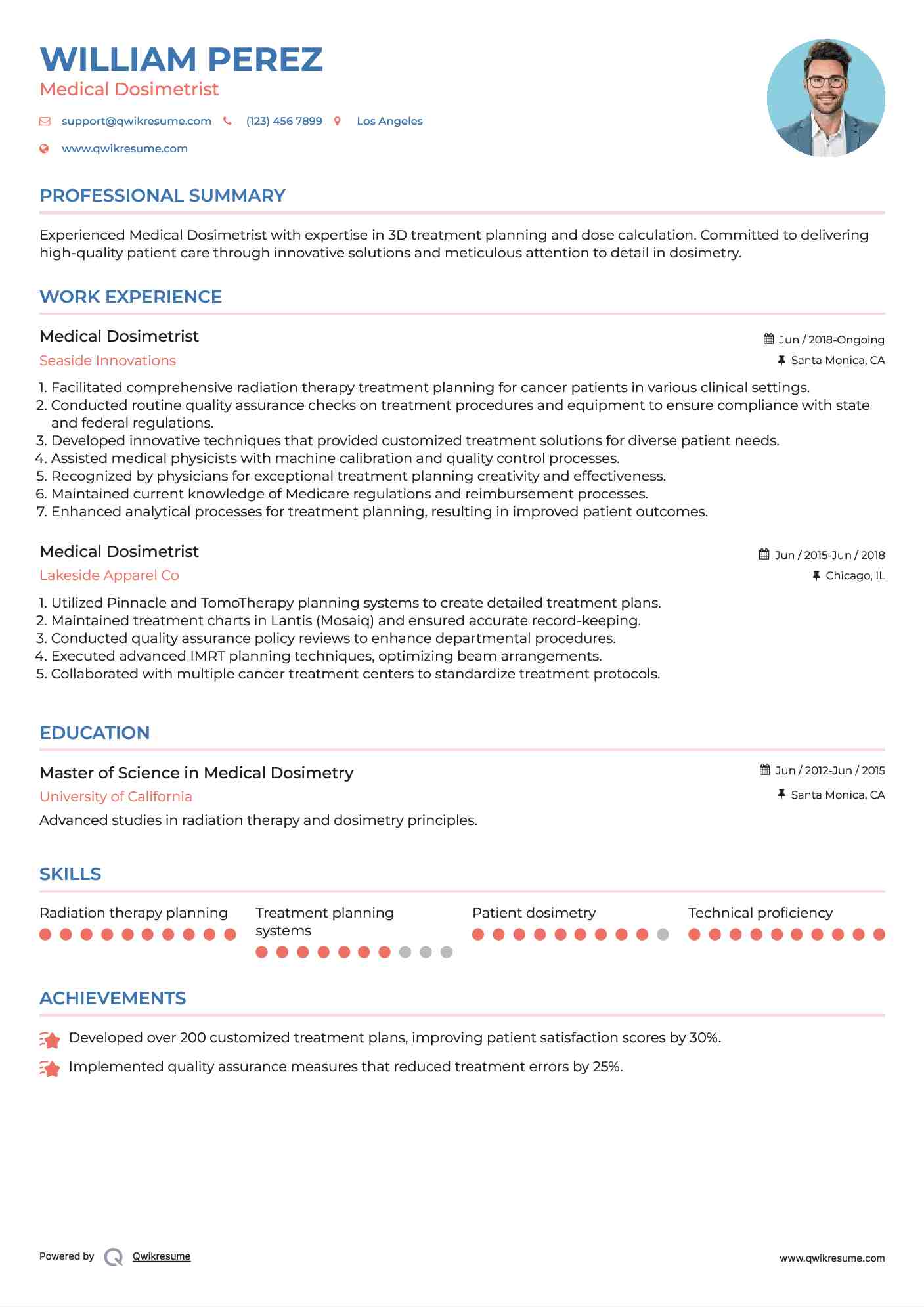 Medical Dosimetrist Resume Model