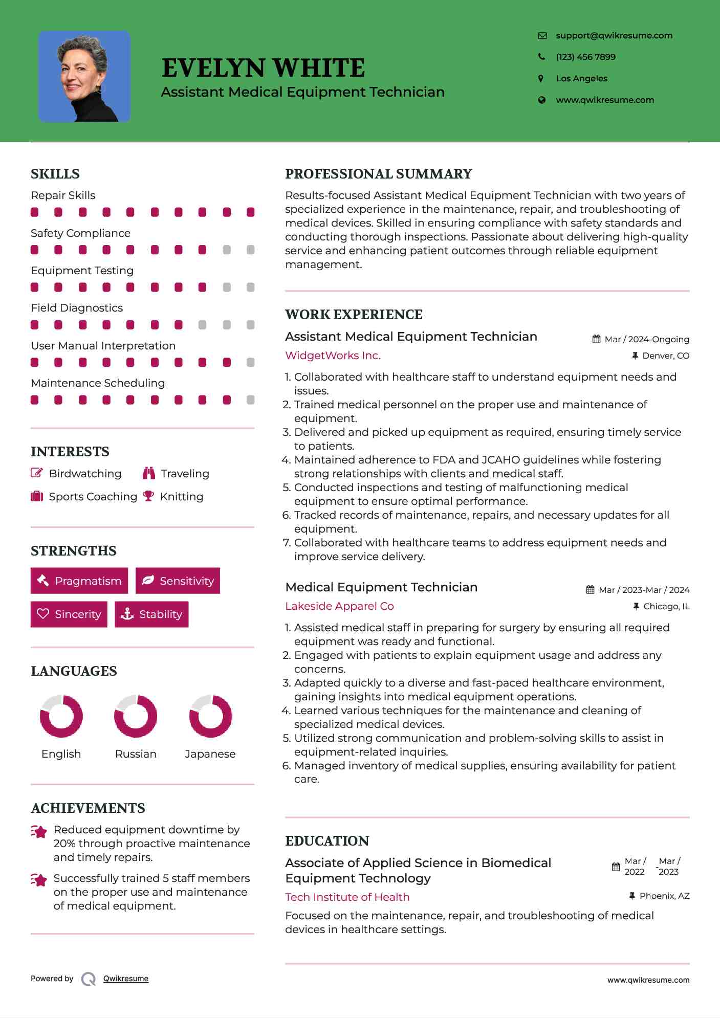 Assistant Medical Equipment Technician  Resume Example