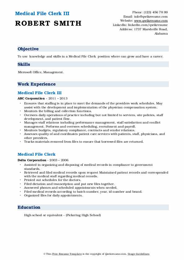Medical File Clerk Resume Samples QwikResume
