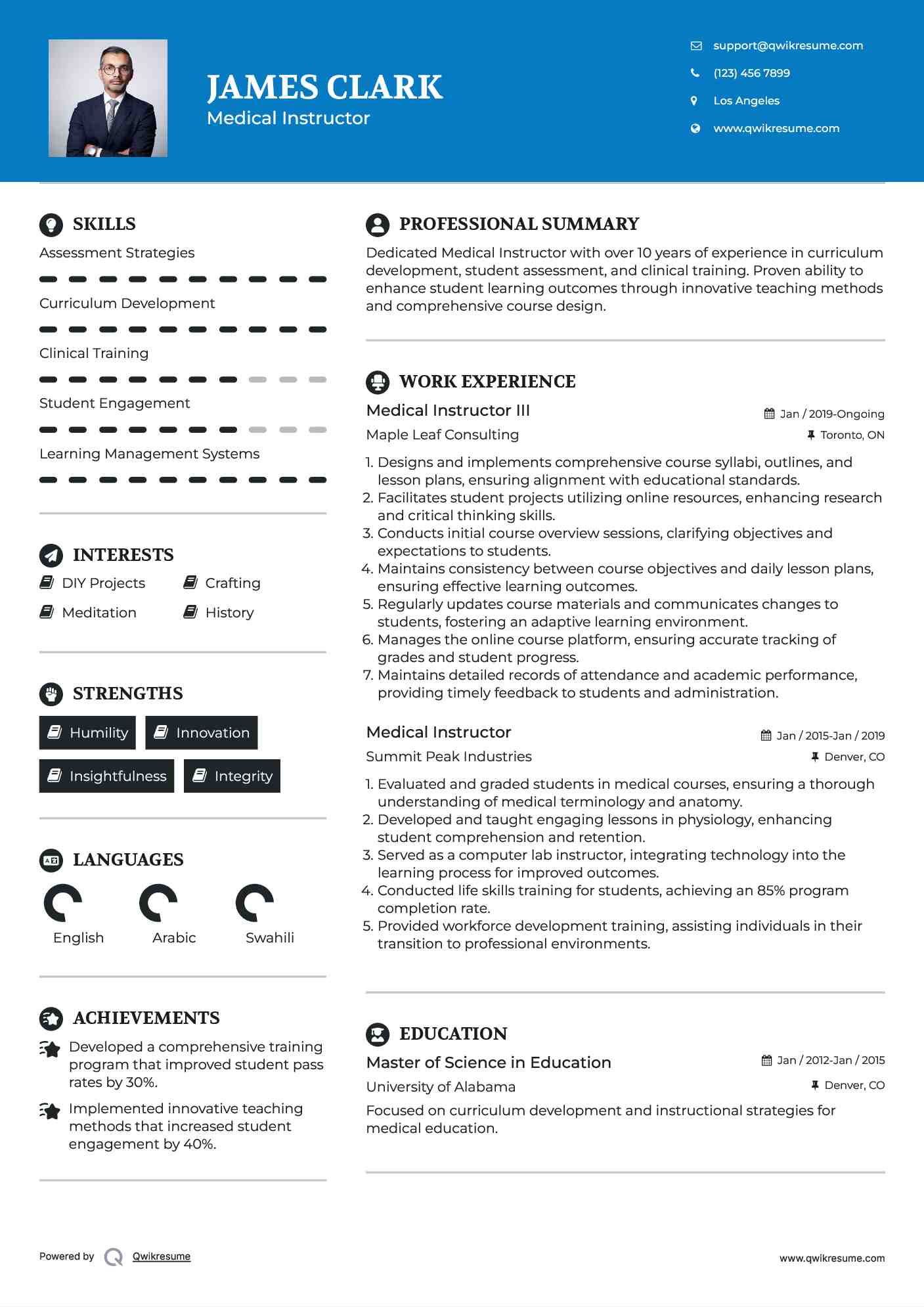 Medical Instructor III Resume Template