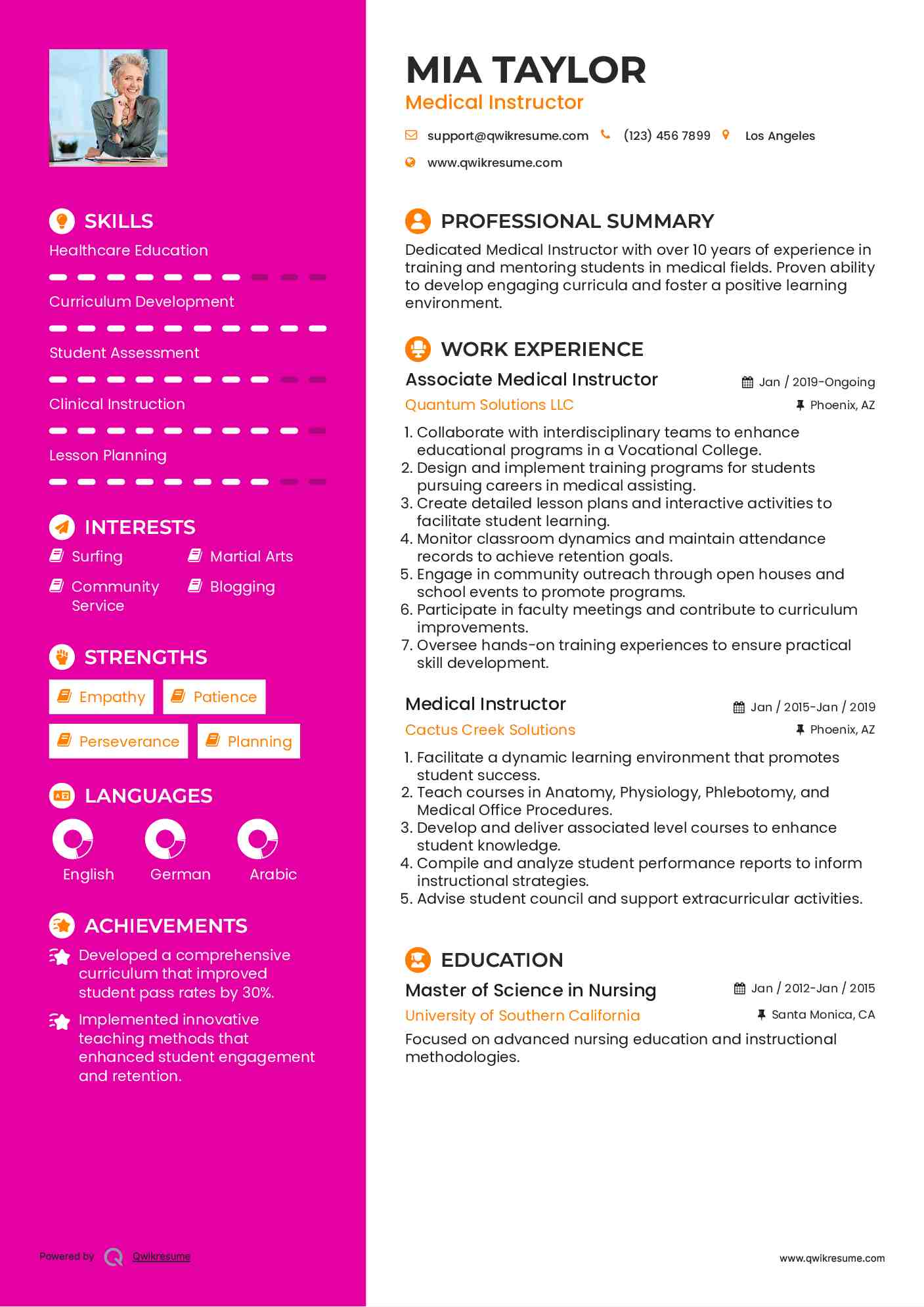 Associate Medical Instructor Resume Example