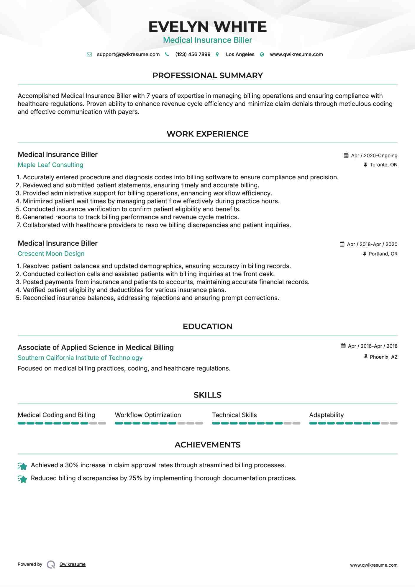 Medical Insurance Biller Resume Sample