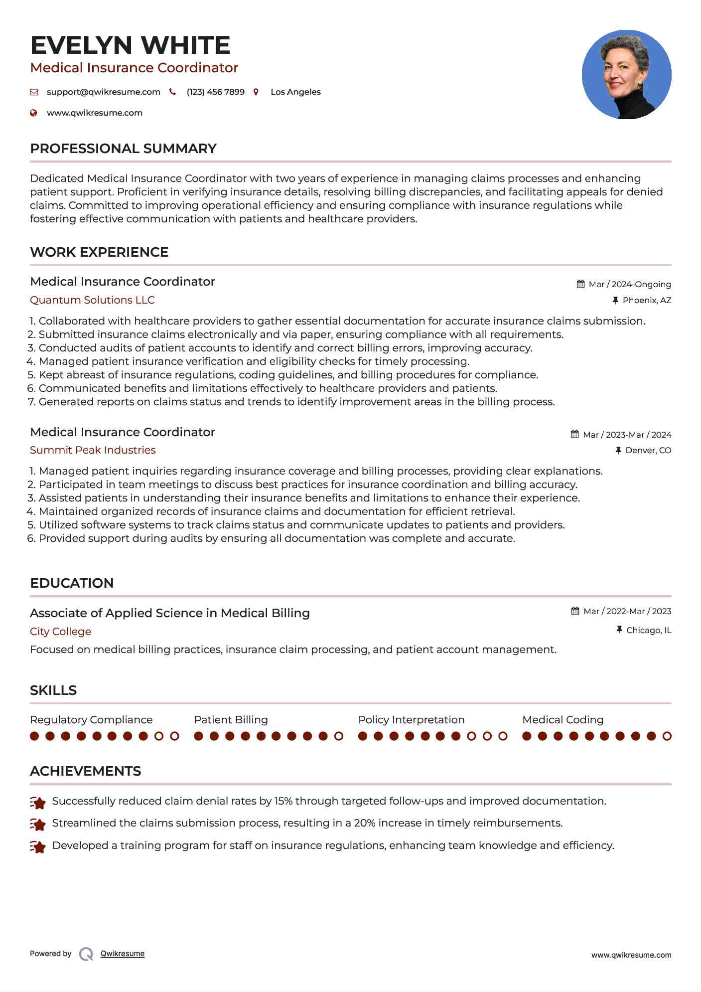 Medical Insurance Coordinator Resume Example