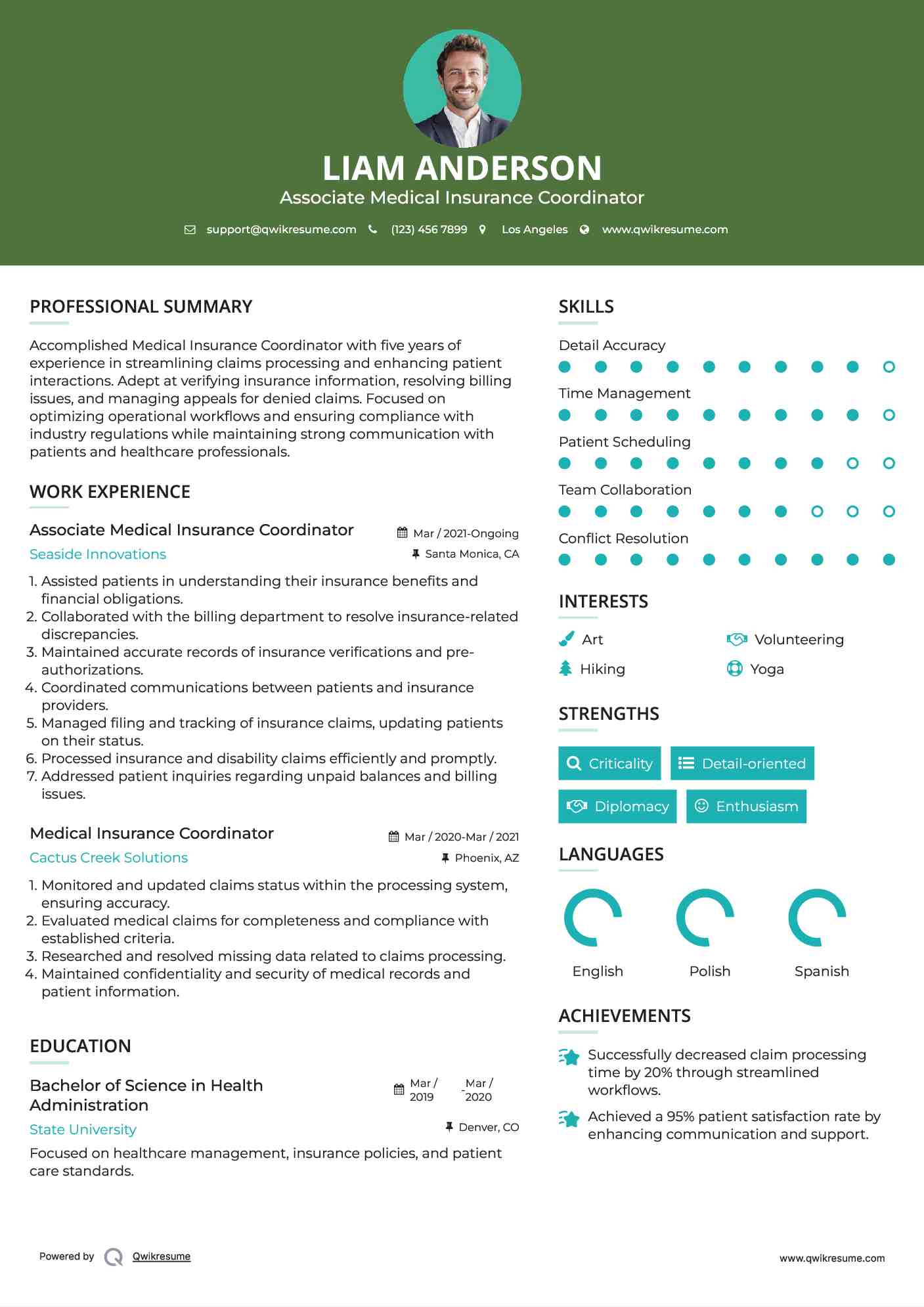 Associate Medical Insurance Coordinator Resume Sample